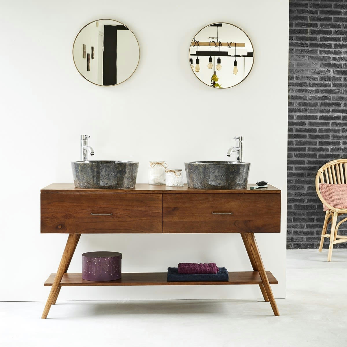 VINTAGE - Meuble double vasque en mindi massif 135 cm