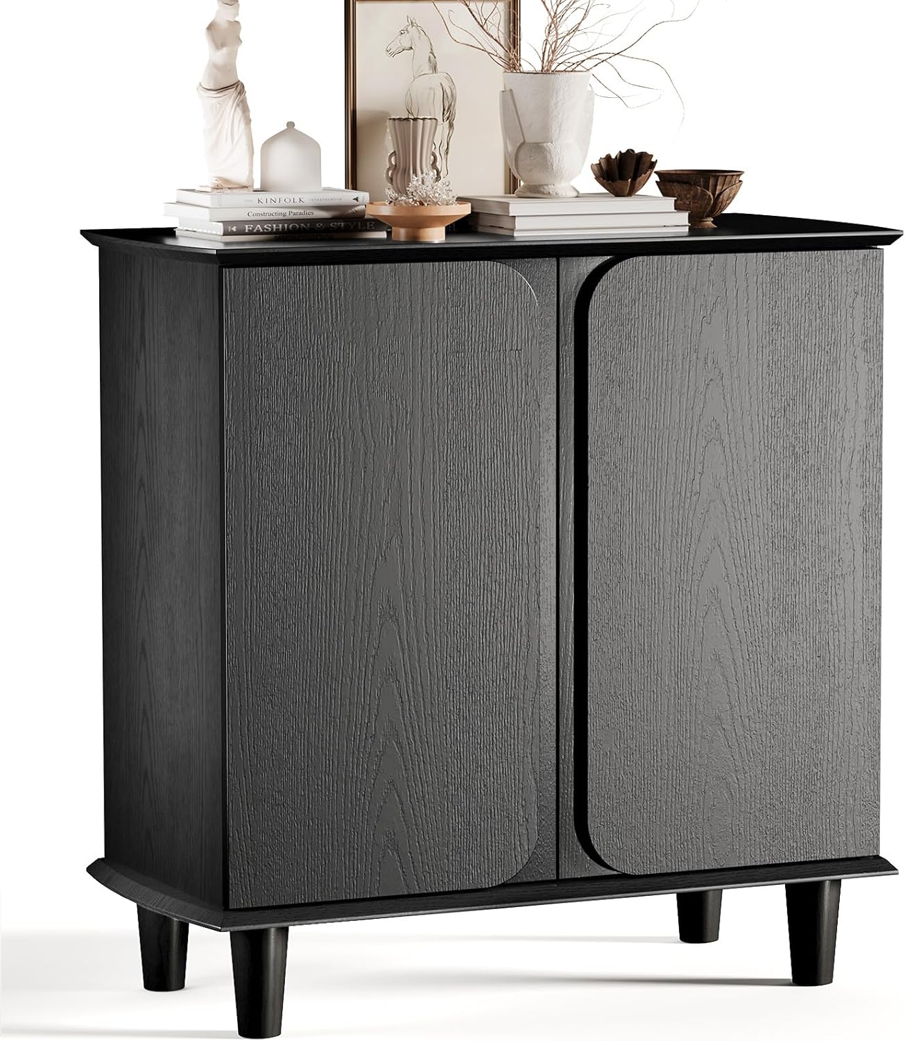 Sideboard Buffet Cabinet with Storage, Modern Black Freestanding Kitchen Cabinet with Raised Legs and Smooth Paint Finish, Curved Edge Accent Table for Living Room, Entryway, Dining Room
