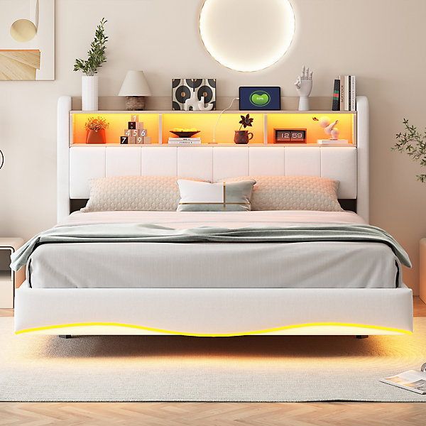 Lit double 160x200 cm capitonné avec LED, ports USB et Type-C, coffre de rangement, design suspendu en tissu - Beige, sans matelas