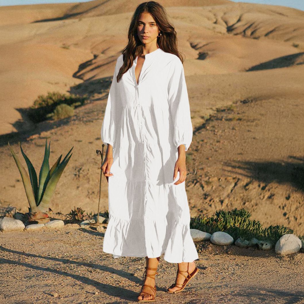 PEACH ACCESSORIES Long Sleeve Tiered Maxi Beach Dress