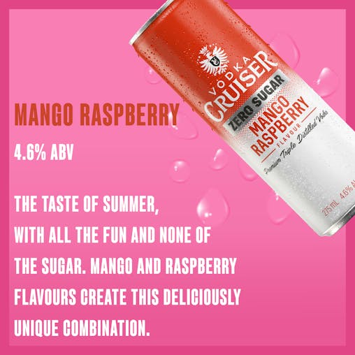 Vodka Cruiser Sugar Free Mango Raspberry, Refreshing Flavoured Pre-Mixed Vodka Drink, 4.6% ABV, 275mL (Case of 24 Cans)