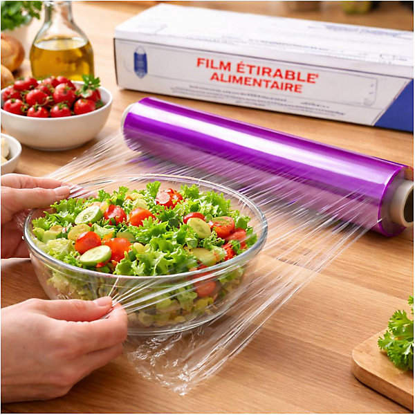 6 Rouleaux de Film Etirable Alimentaire Transparent 30cm x 300M avec Boîte Distributrice - D-Work
