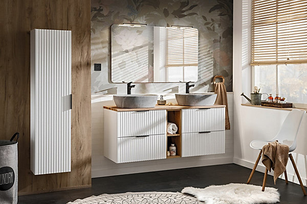Meuble suspendu sous vasque avec panier à linge ADEL BLANC 160 cm