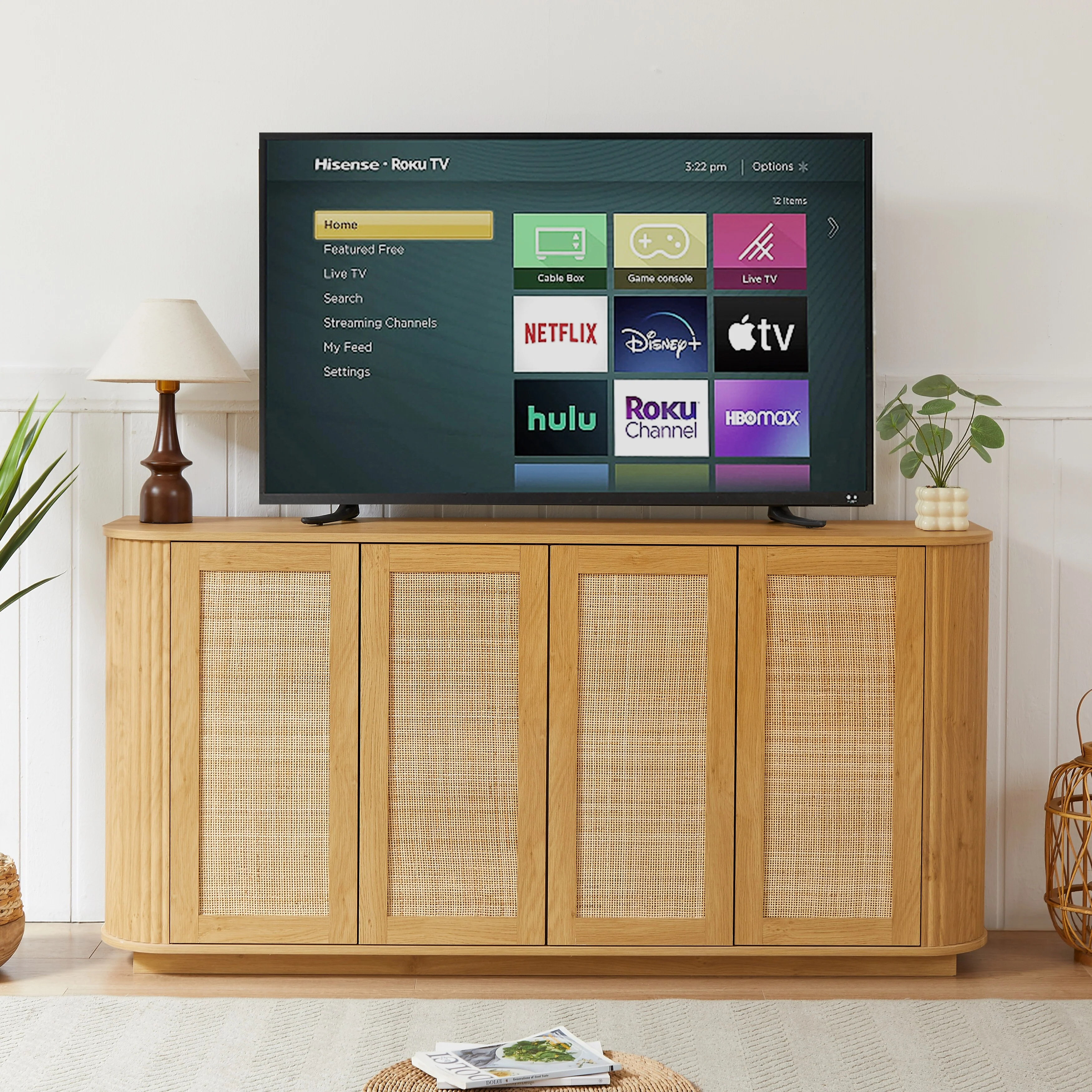 64-inch Wave Shaped TV Stand, Rounded Corner Sideboard, Storage Cabinet, Buffet, Wood Vertical Striped Cabinet with Rattan Doors