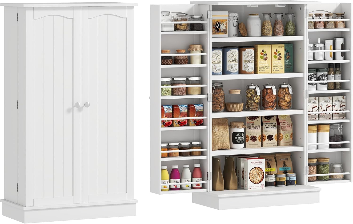 HOMCOM 41 Kitchen Pantry Storage Cabinet, Freestanding Kitchen Cabinet with 12 Door Shelves, Double Doors, 5-Tier Shelving and Adjustable Shelves, White