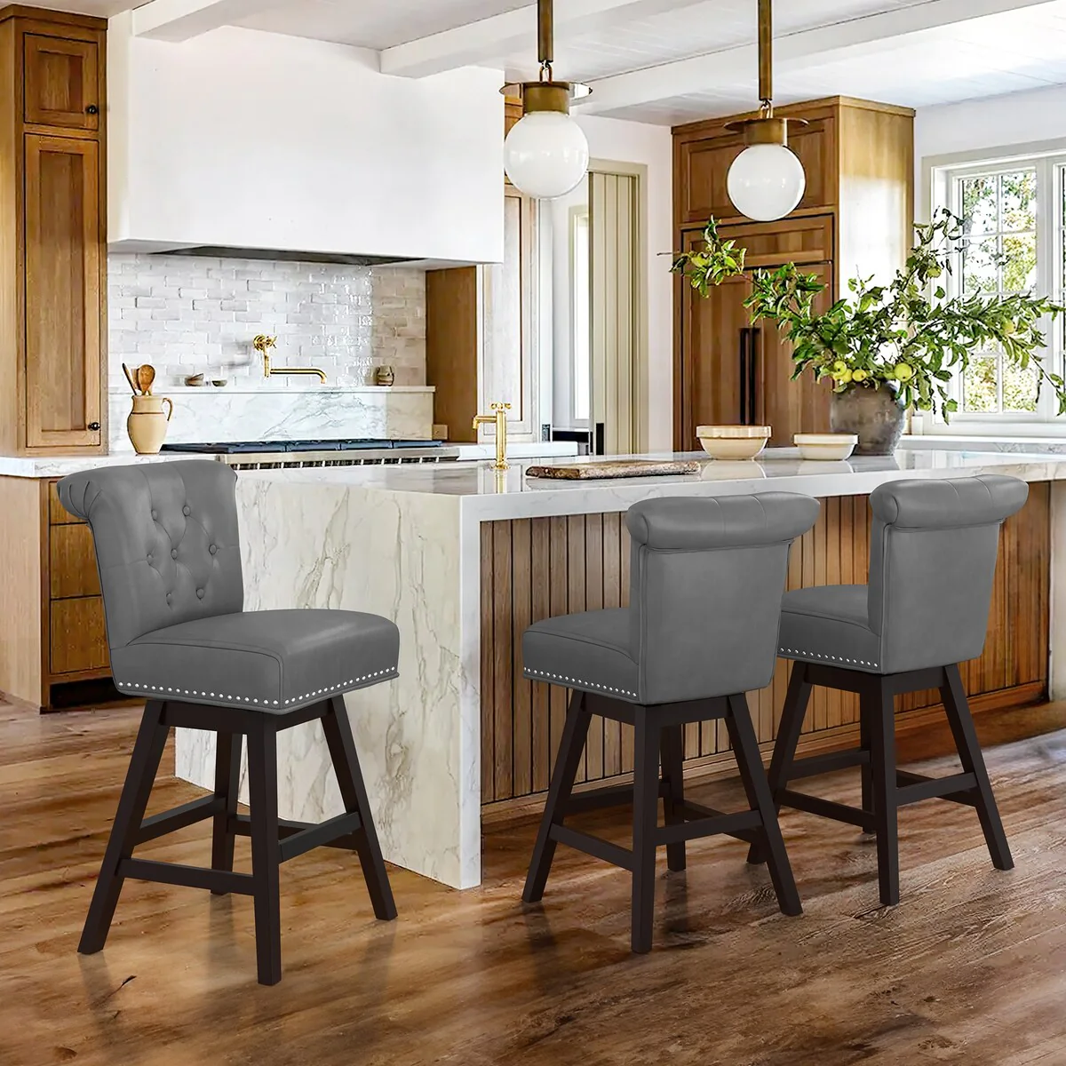COZYMAN 26 in. Set of 3 Upholstered Bar Stools Counter Height Barstool 360° Swivel with Curved Backrest, Armless Stool