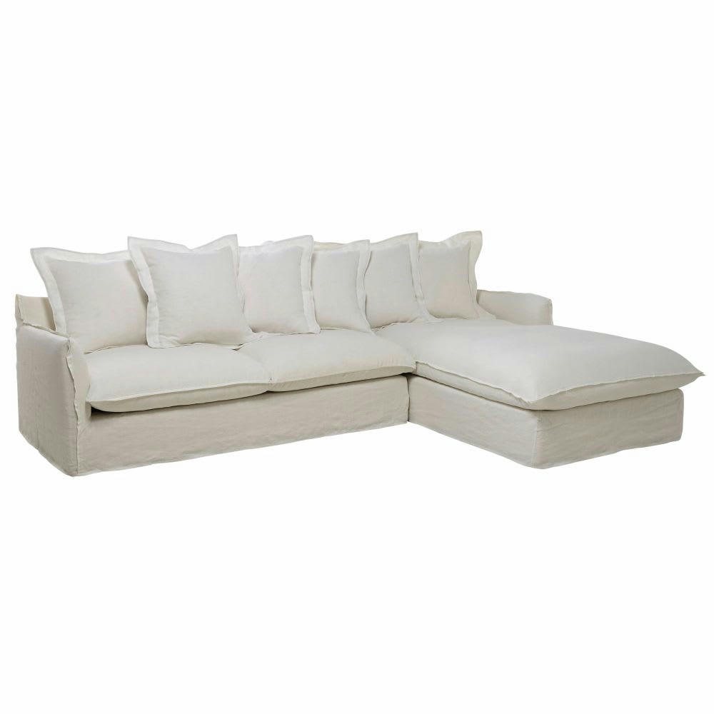 Barcelone - Canapé d'angle droit convertible 6 places en lin lavé blanc