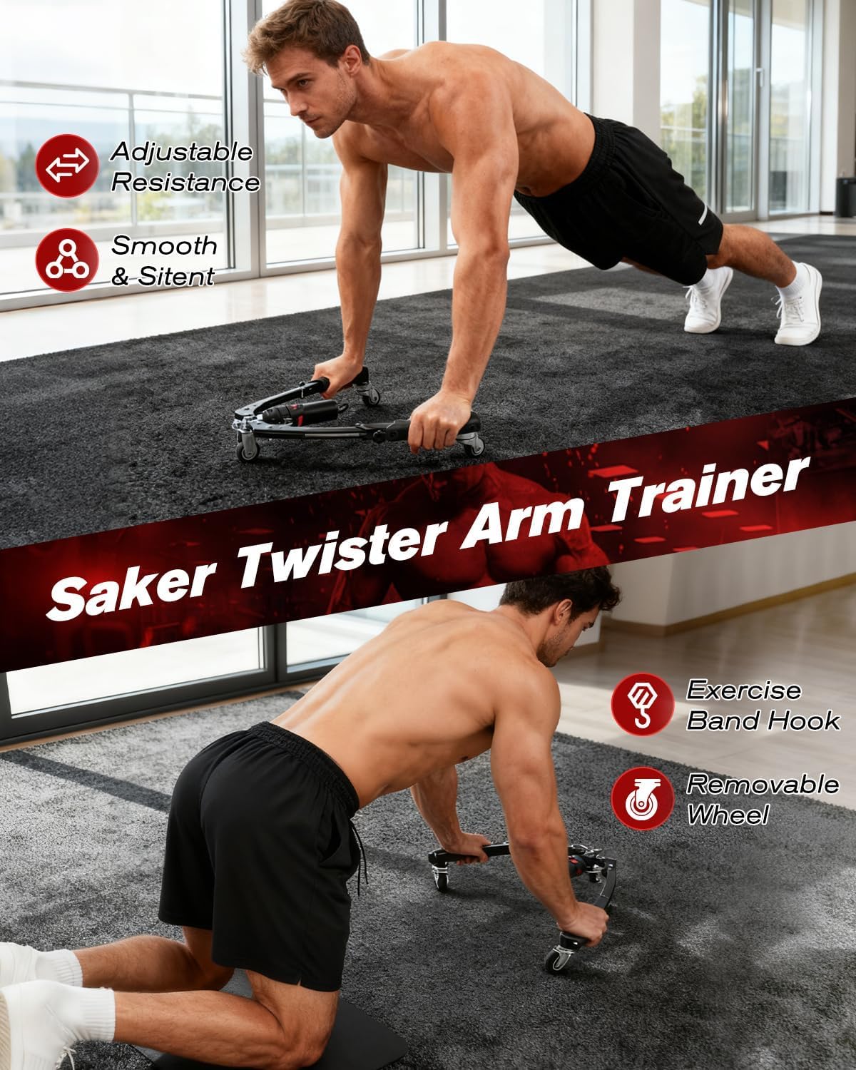 Twister Arm Trainer, 3-in-1 Hydraulic Chest Workout Equipment with Ab Roller Wheel, 22-440lbs for Men Women, Home Gym Equipment for Full Body Strength Training
