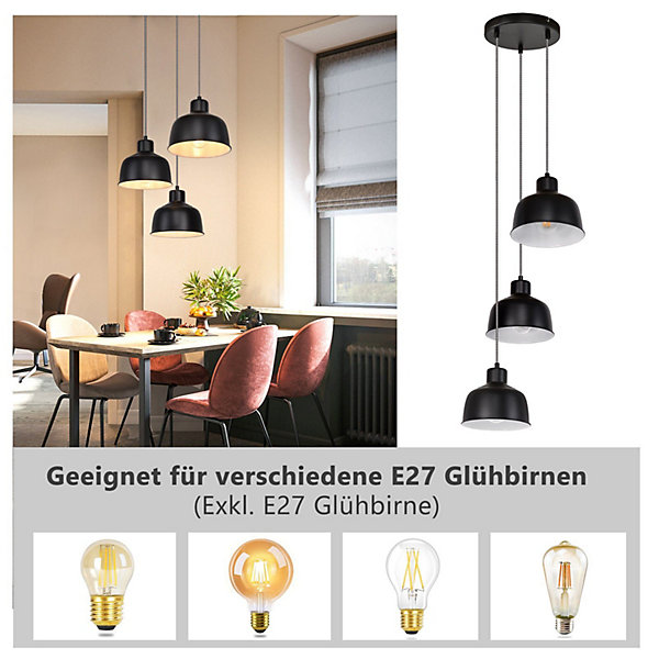 NETTLIFE Suspension Métal Diam.17,8 cm E27 Noir Vintage Industriel Rétro Cuisine Lampe 3 Ampoules pour Salle à Manger