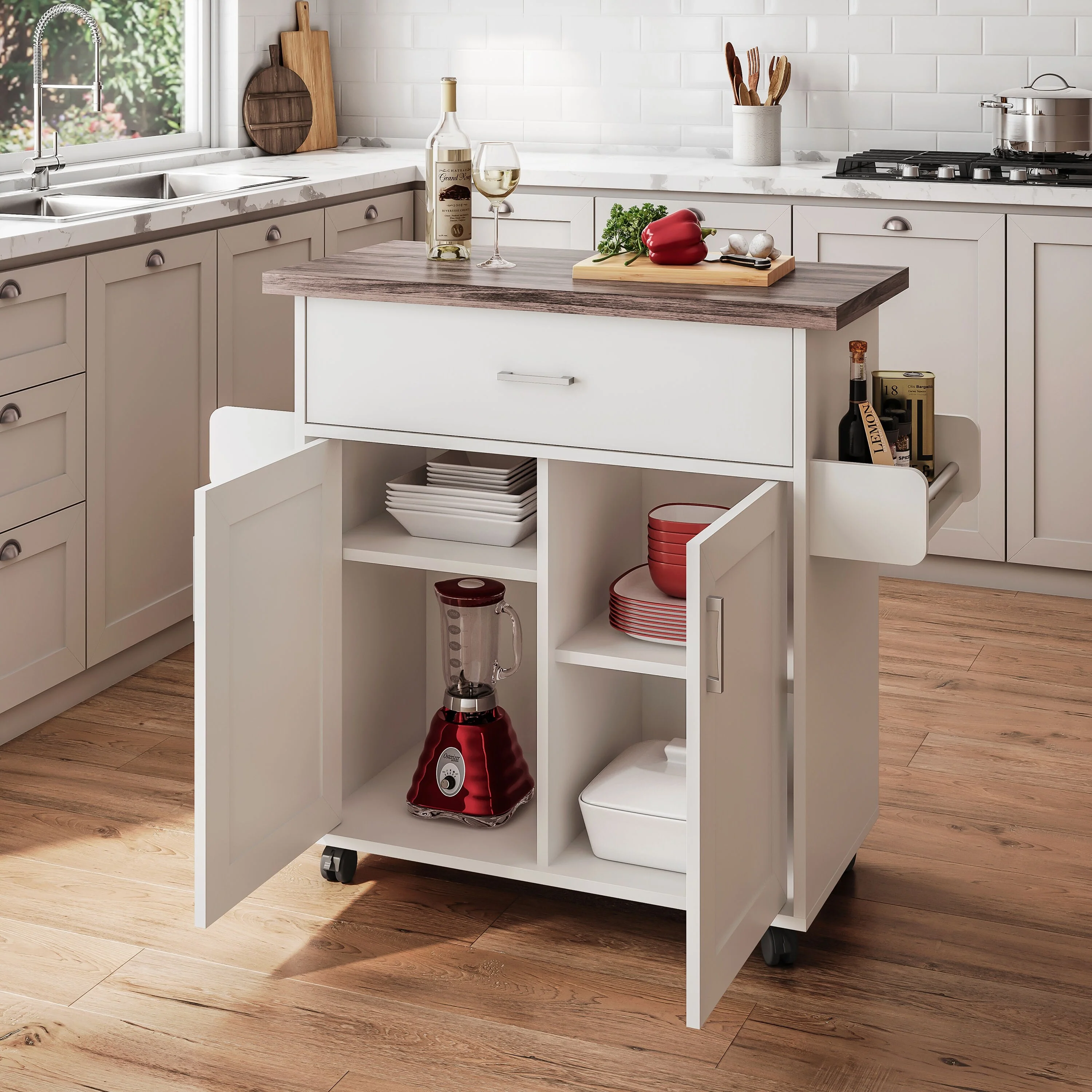 Techni Home Deluxe Mobile Kitchen Island Cart With Water Resistant Top(no include stool)
