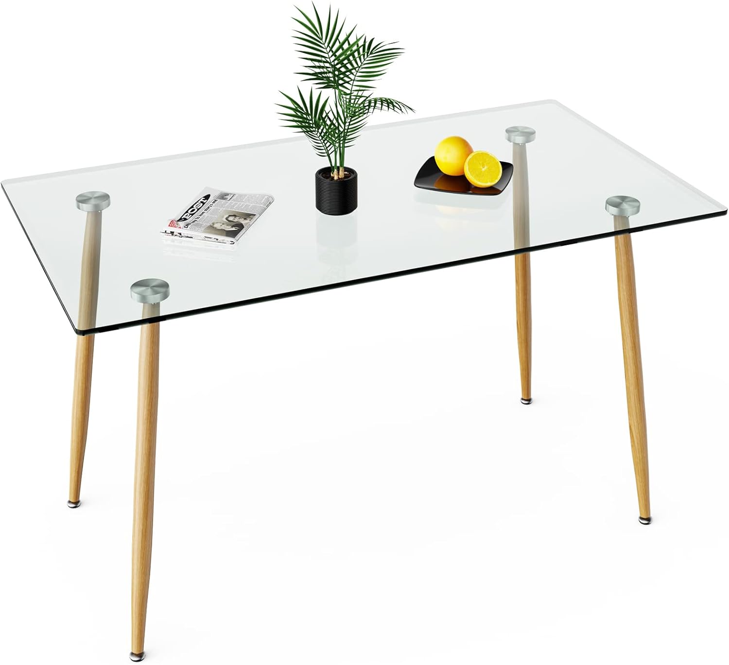 COSTWAY 51 Inch Glass Dining Table, Modern Rectangle Kitchen Table w/Wood-Like Steel Legs & Spacious Tabletop, Dining Room Table for Home, Office, Study