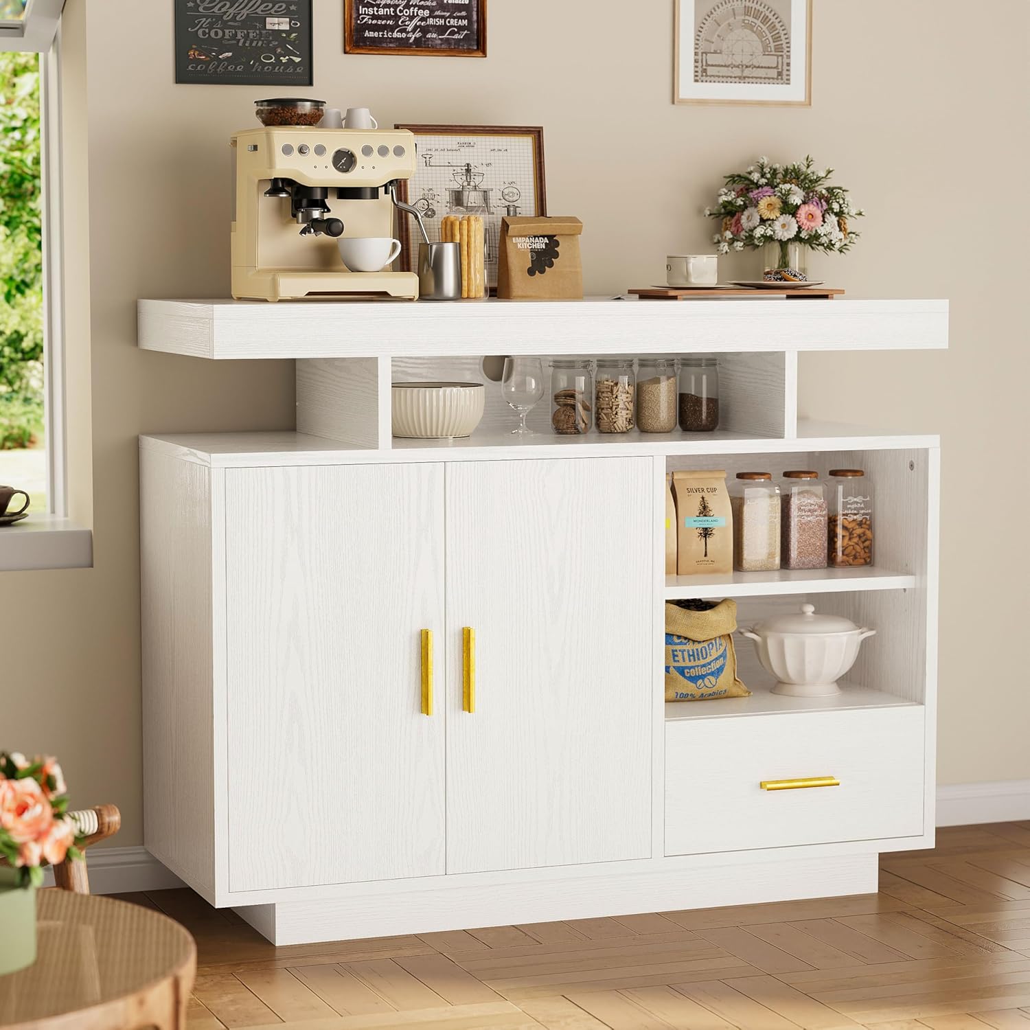 IRONCK Buffet Cabinet, Coffee Bar Cabinet with Power Outlet and LED Light, Sideboard with Drawer, Storage Cabinet with Doors and Shelves for Kitchen, White