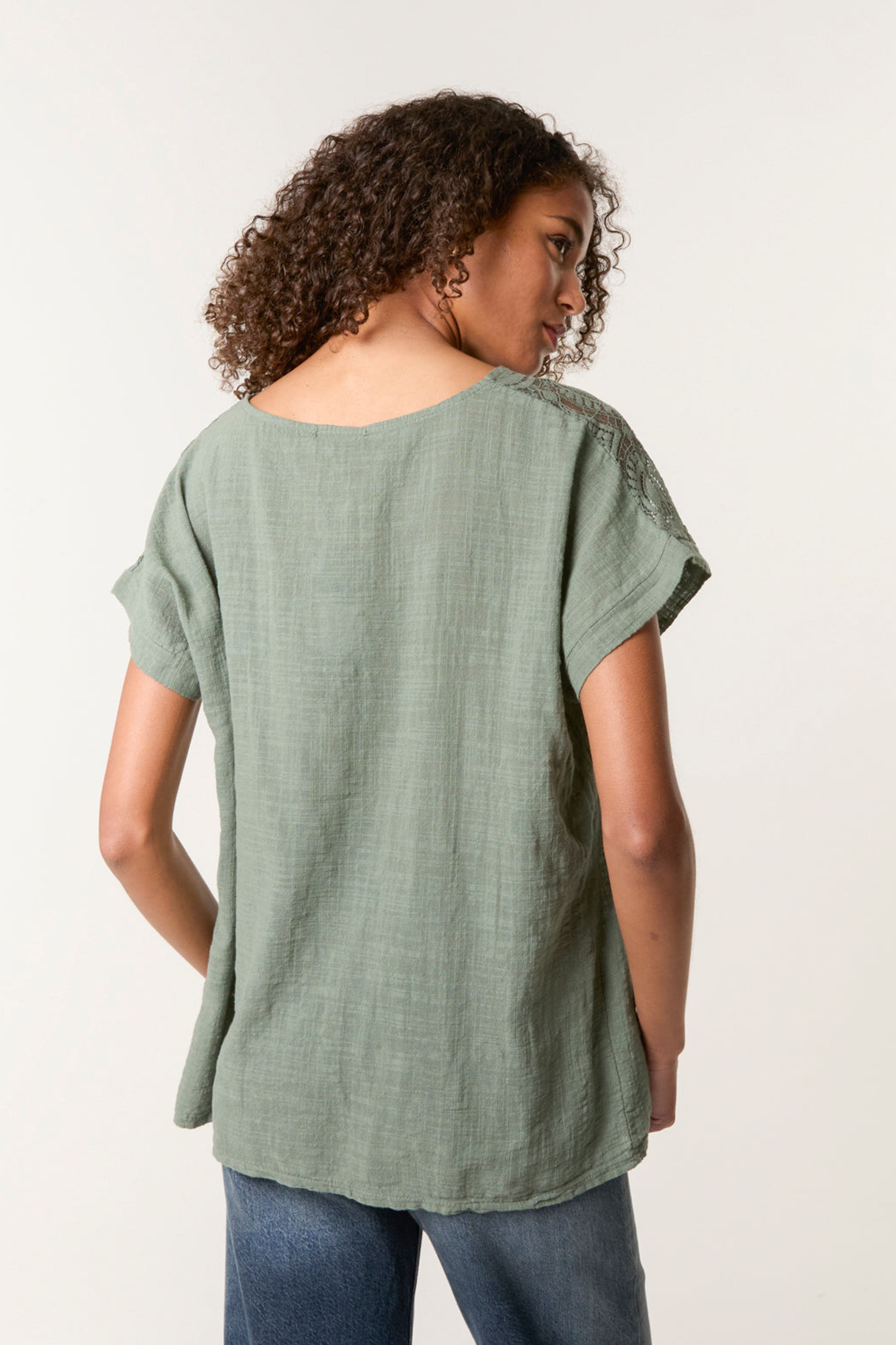 Blue Vanilla Khaki Lace Pattern Cotton Top