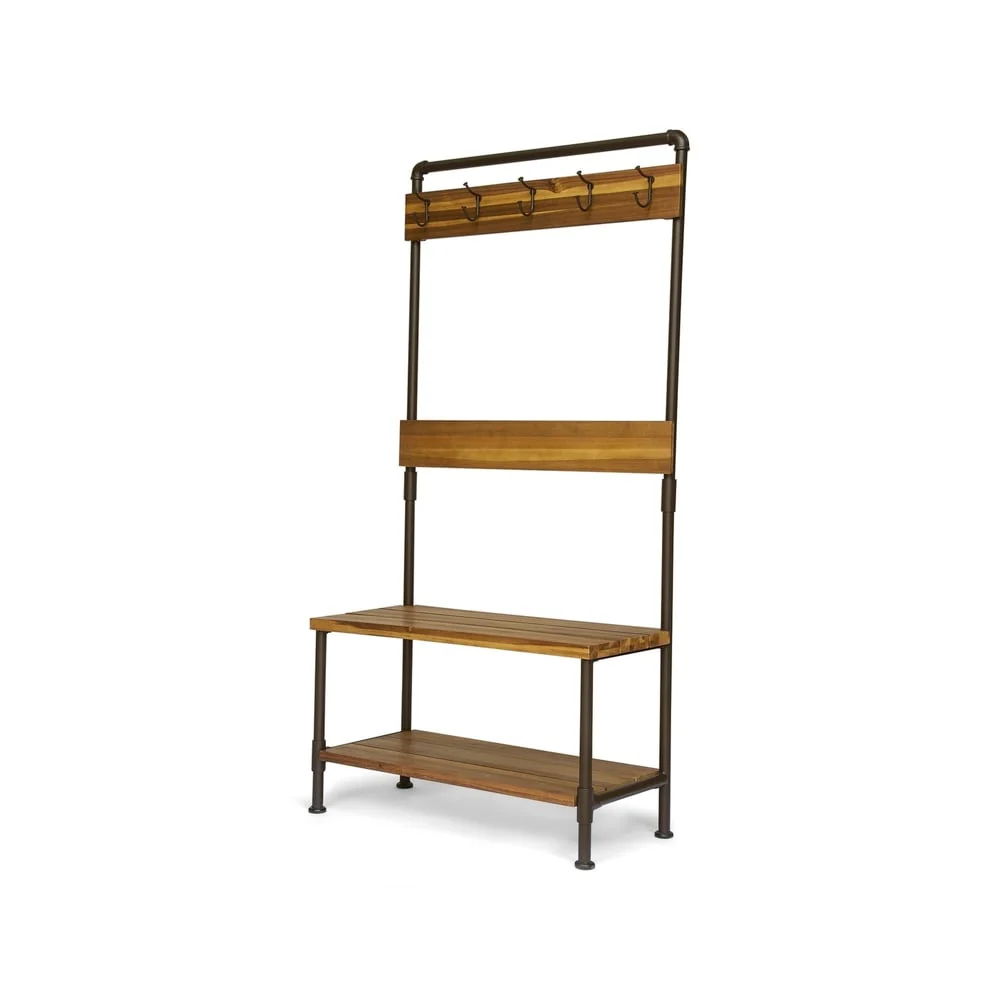 Hansen Outdoor Industrial Acacia Wood Bench with Shelf and Coat Hooks by Christopher Knight Home