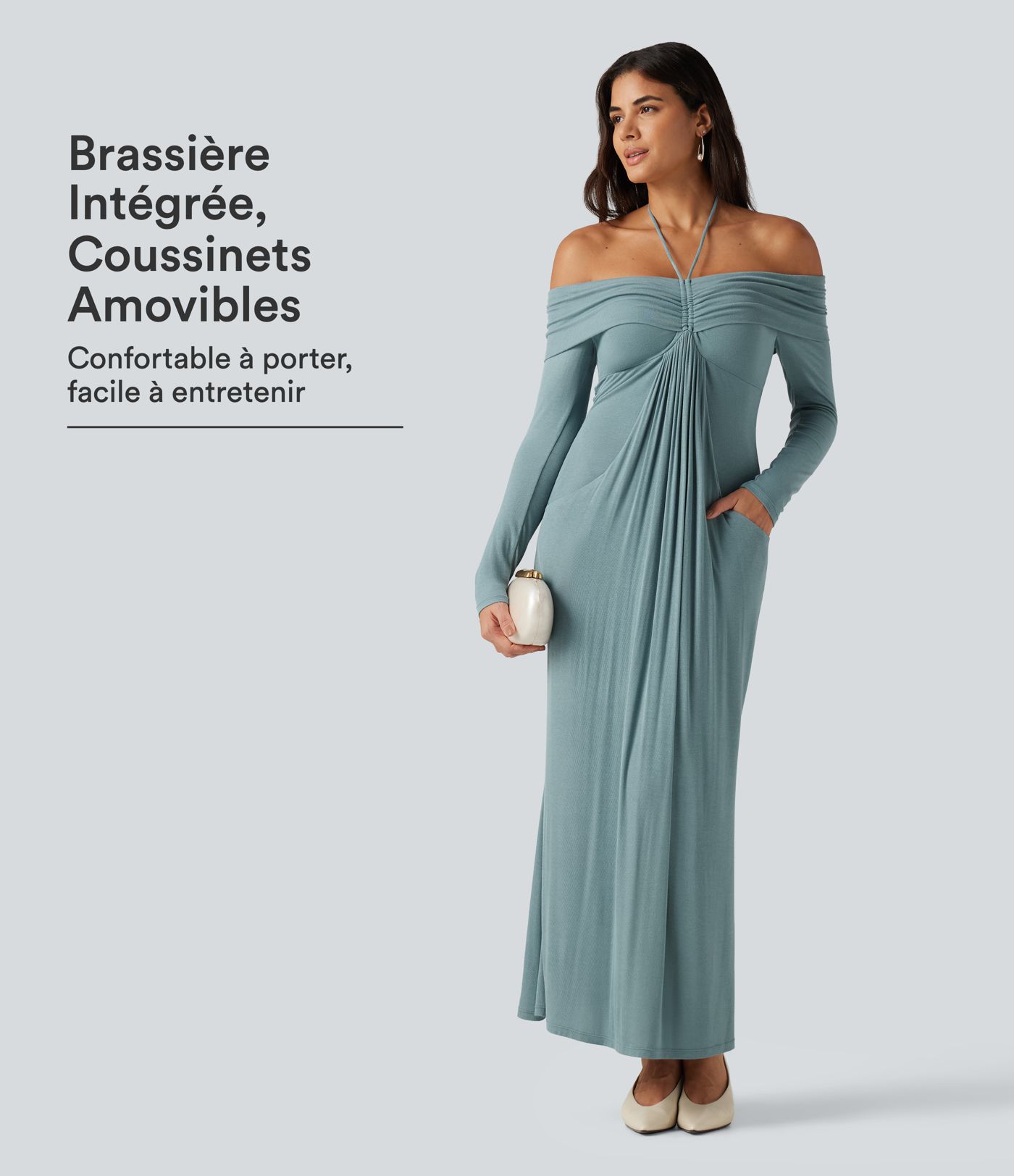 Robe de soirée maxi à col halter, épaules dénudées, manches longues, fronces et coussinets amovibles avec poches