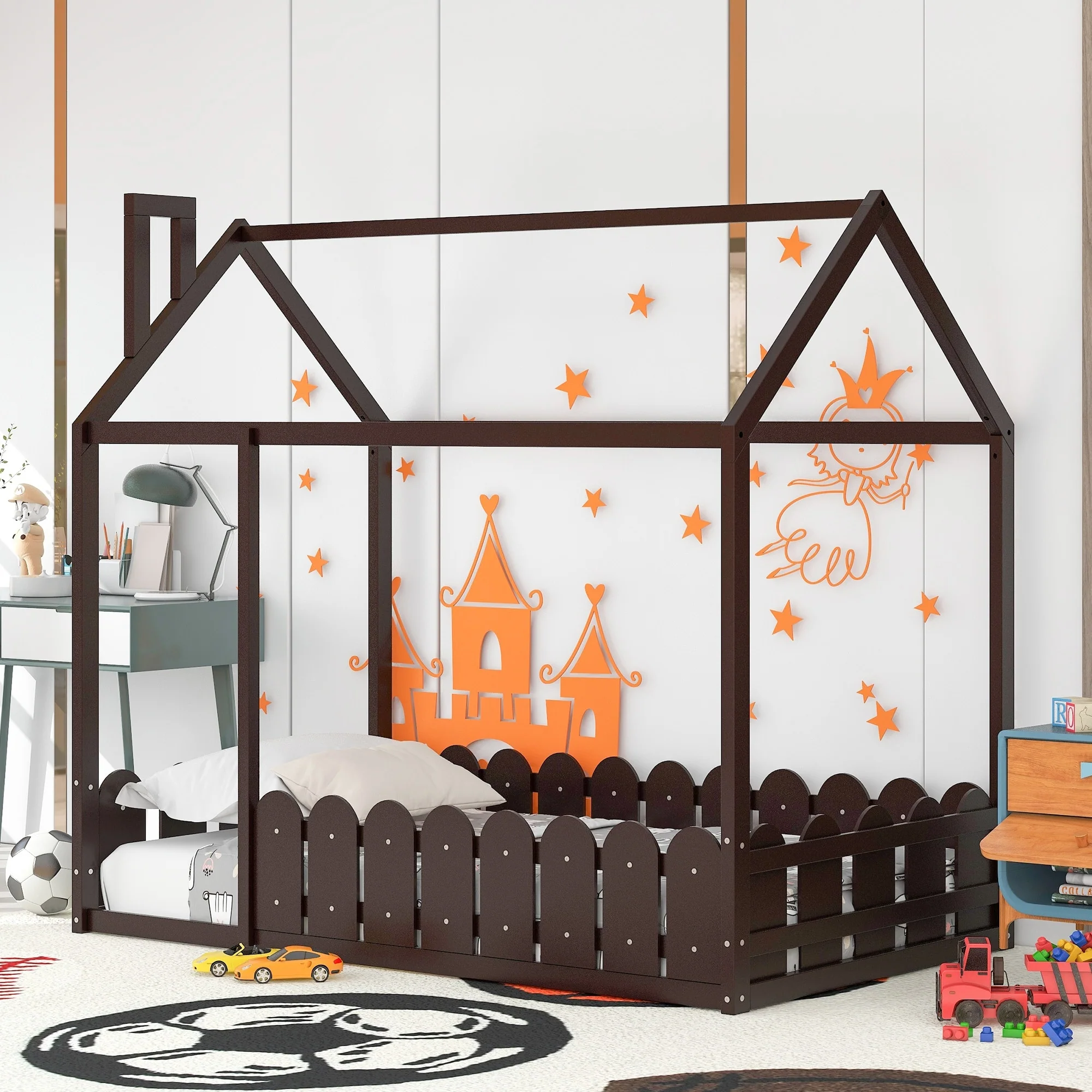 Wooden Twin House Bed with Pine Frame, Roof, and Fence, Perfect for Play and Sleep