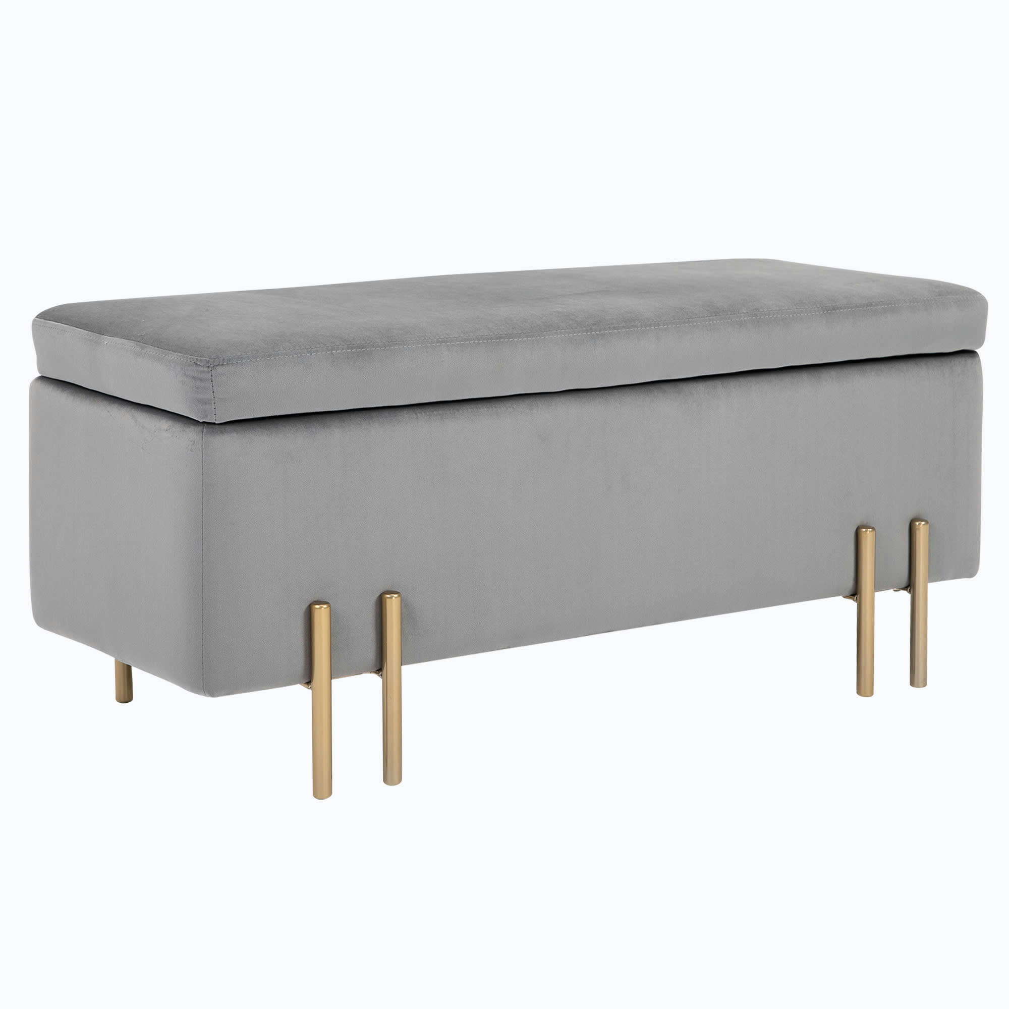 - Banquette coffre de rangement velours gris clair piètement métal doré