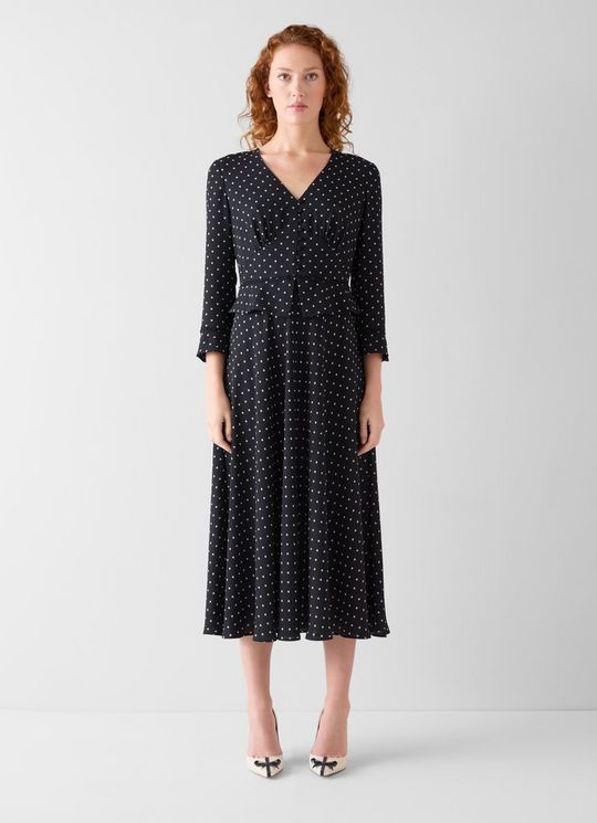 Lisa Navy Spot Peplum Midi Dress