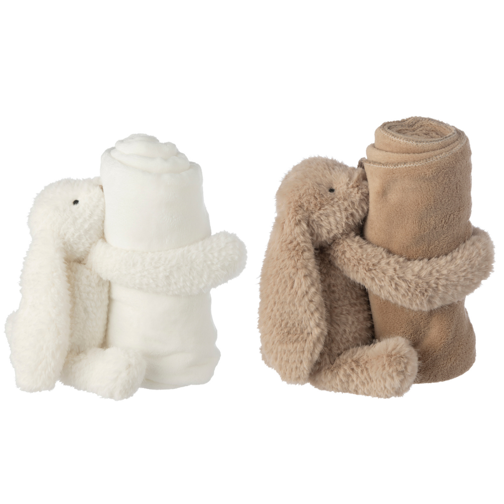 J-Line knuffelbeer   dekentje Konijn - polyester - wit/beige - set van 2