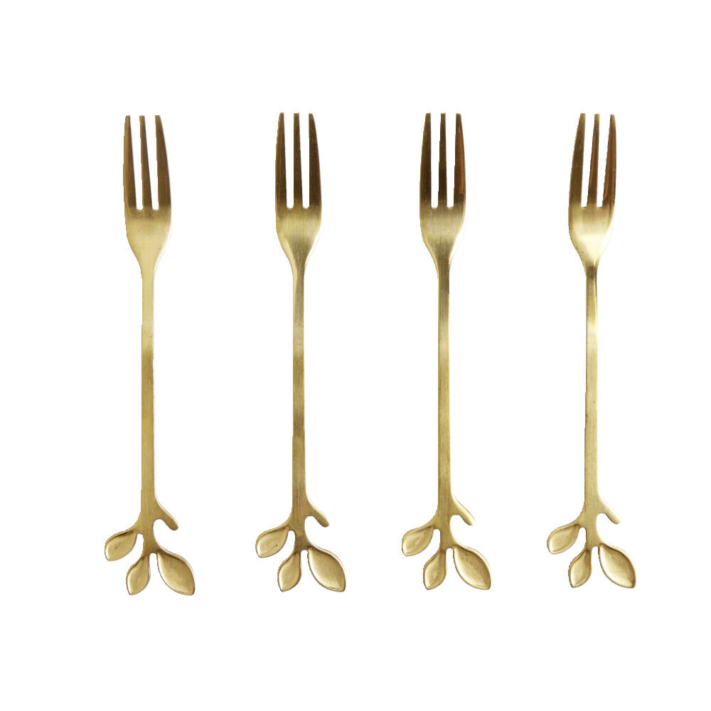 Fourchette à dessert x4 design feuille inox doré L15cm
