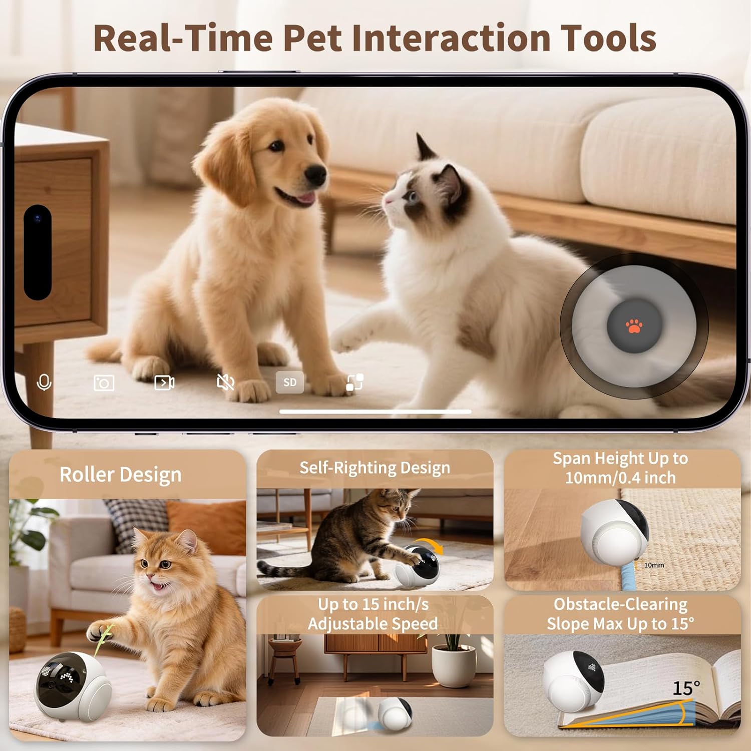 1080P Pet Camera Robot: Indoor Movable Home Security Camera with App Control, Night Vision, 2-Way Talk, Motion Detection, SD Card Storage, Smart Pet Cam for Cat/Dog/Baby/Elderly Monitor