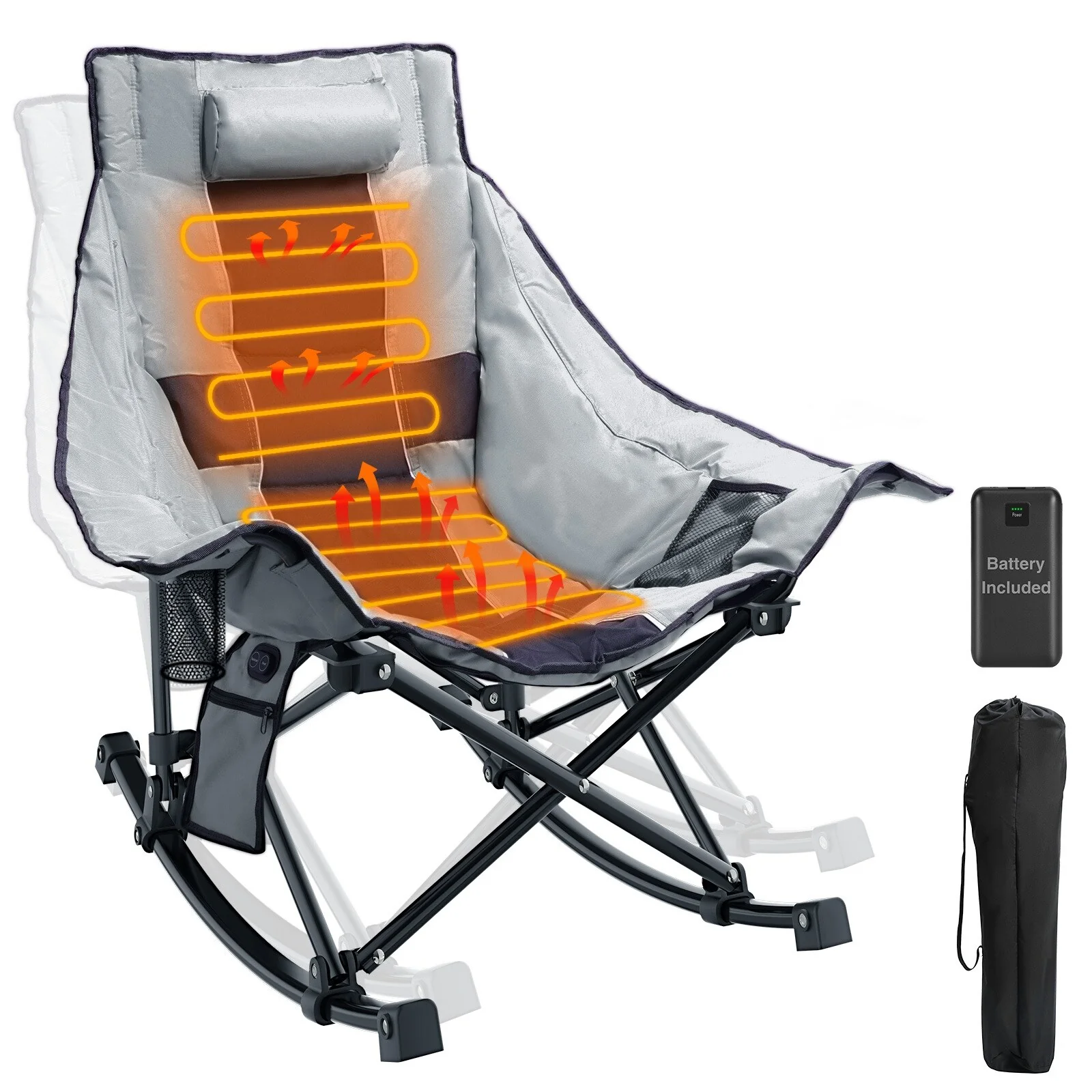 Oversized Heated Camping Chair, Rocking Camping Chair with 3 Heat Levels for Back and Seat, Portable Folding Heated Chairs