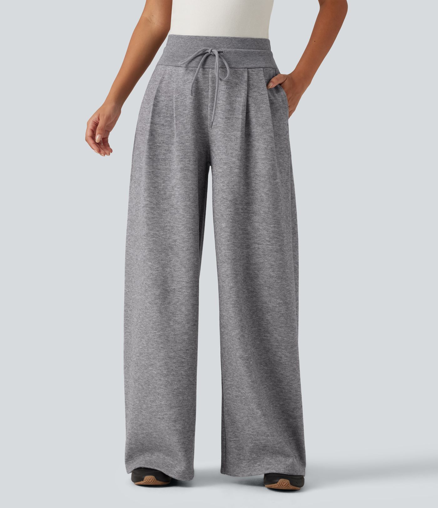 Pantalon taille haute coupe large à cordon de serrage avec poches