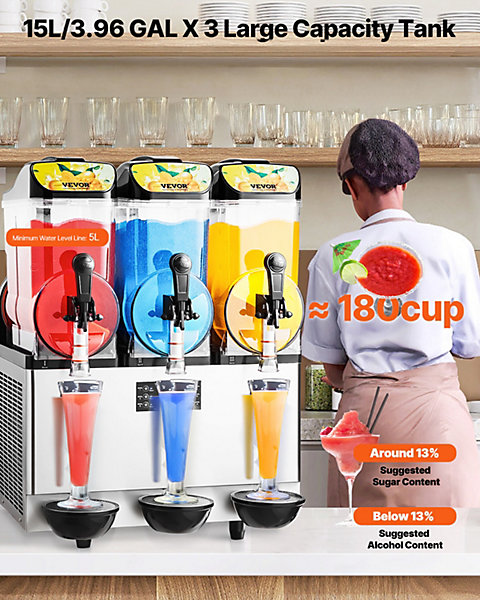 Machine à granite 3 réservoirs 15L, inox, distributeur boissons glacées, pour restaurants bars.