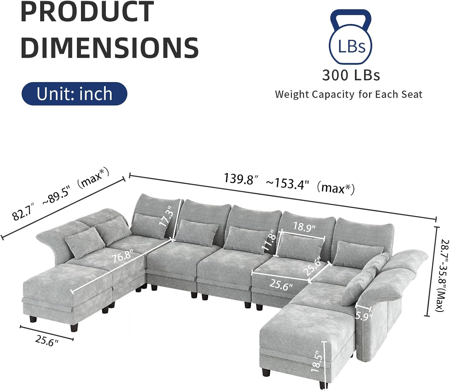 LLappuil 154 Oversized Modular Sectional Sofa with Storage 9 Seat U Shaped Sectional Couches for Living Room with Adjustable Arms Backs, Convertible to L Shape/U Shape/Sleeper Sofa, Grey Chenille