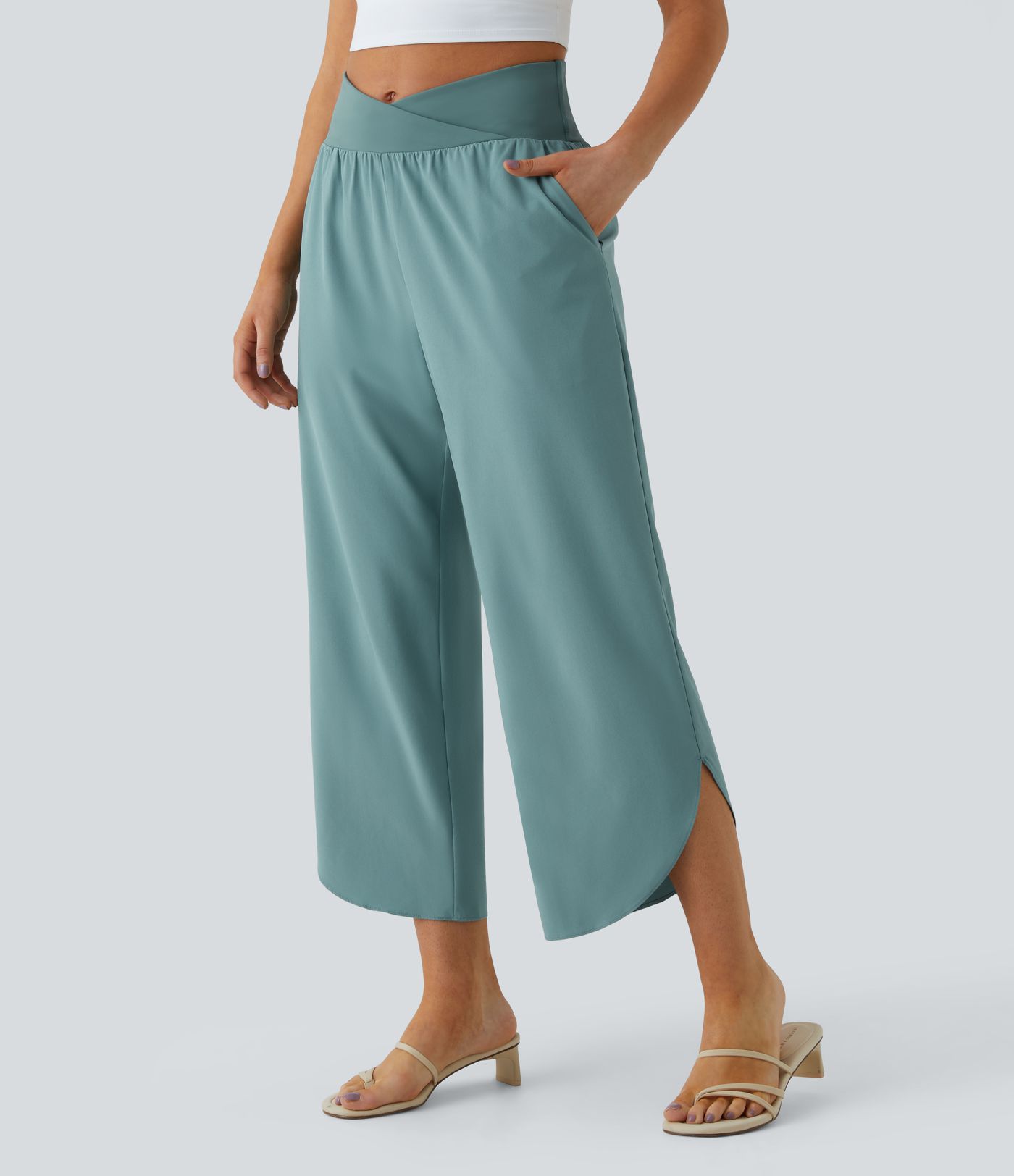 Breezeful™ Pantalon Fluide Vacances Séchage Rapide Taille Haute Croisée Poches Latérales Plissées Fente