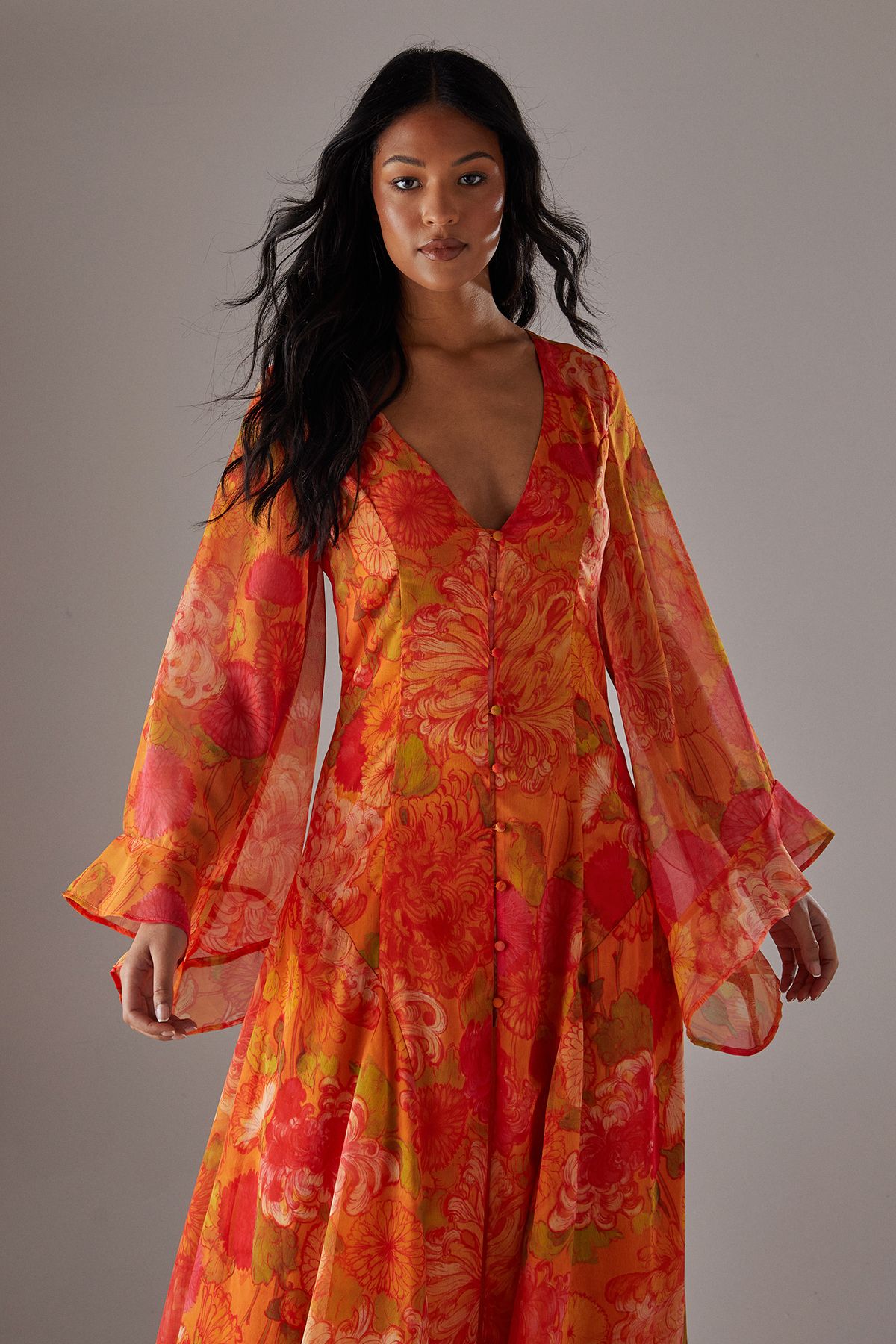 Warehouse Chiffon Bohemian Button Through Maxi Dress