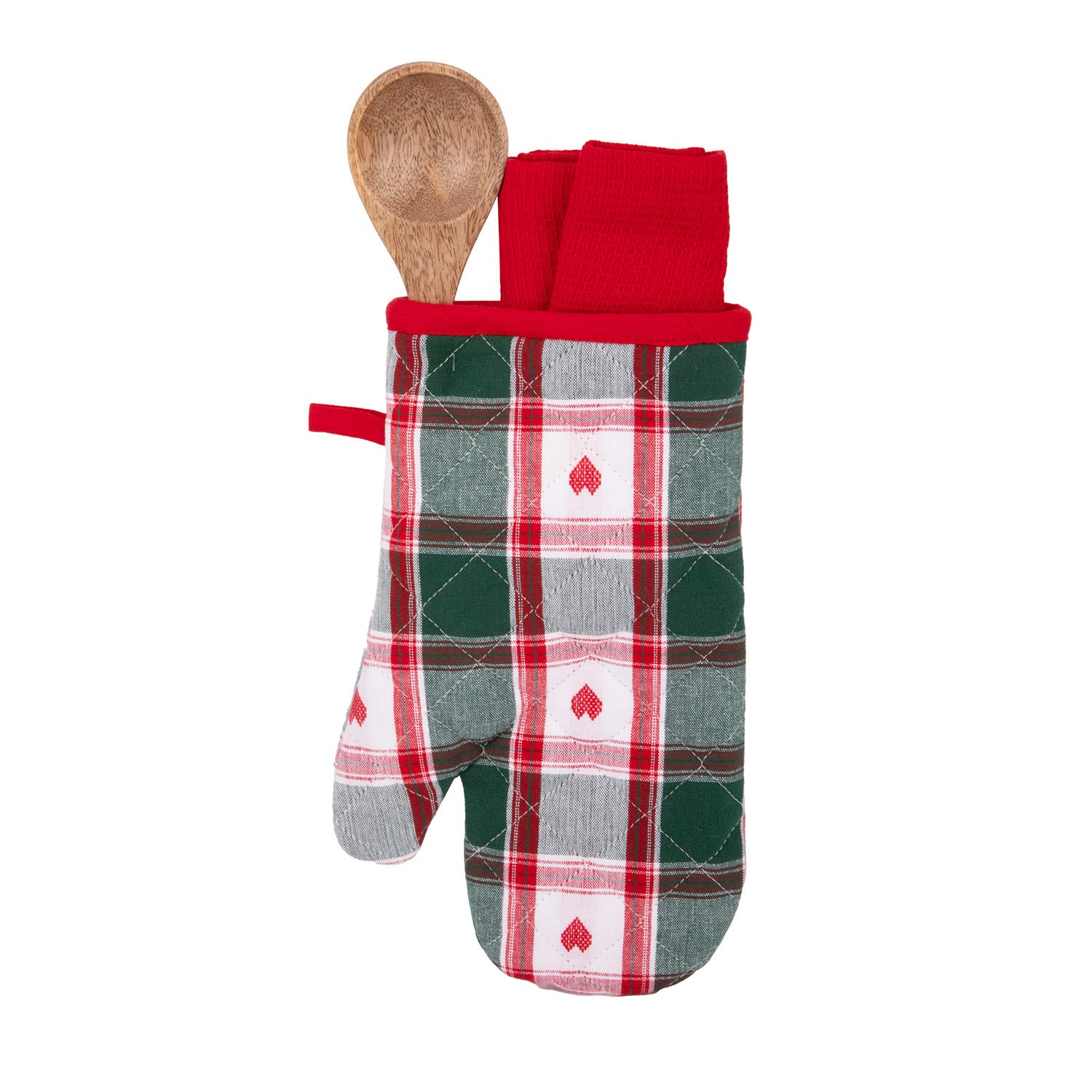 Set guanto, cucchiaio e strofinaccio tartan cuori