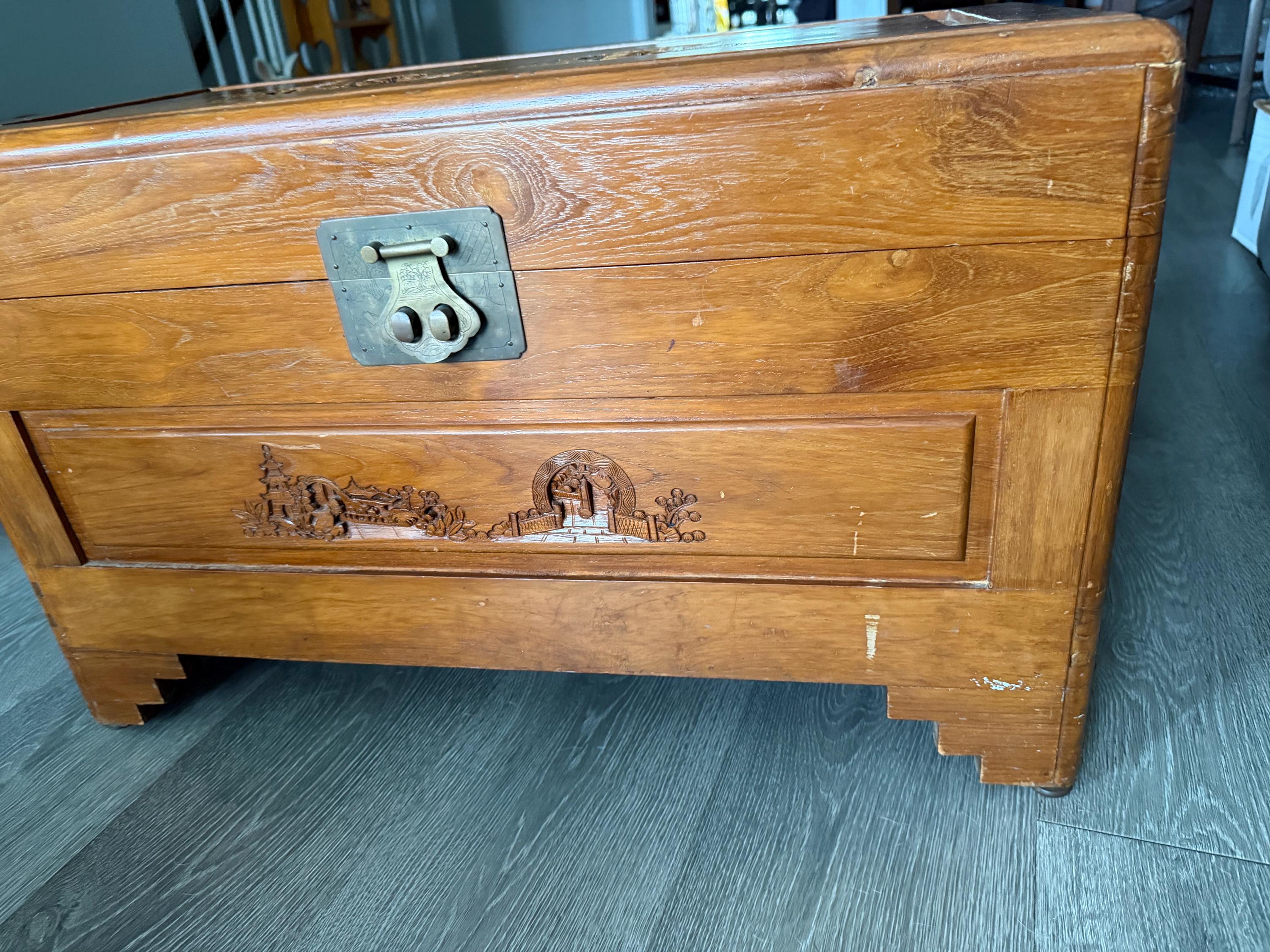 Vintage Chinese Hand Carved Teak Dowry Chest – Camphor Lined Trunk or Coffee Table