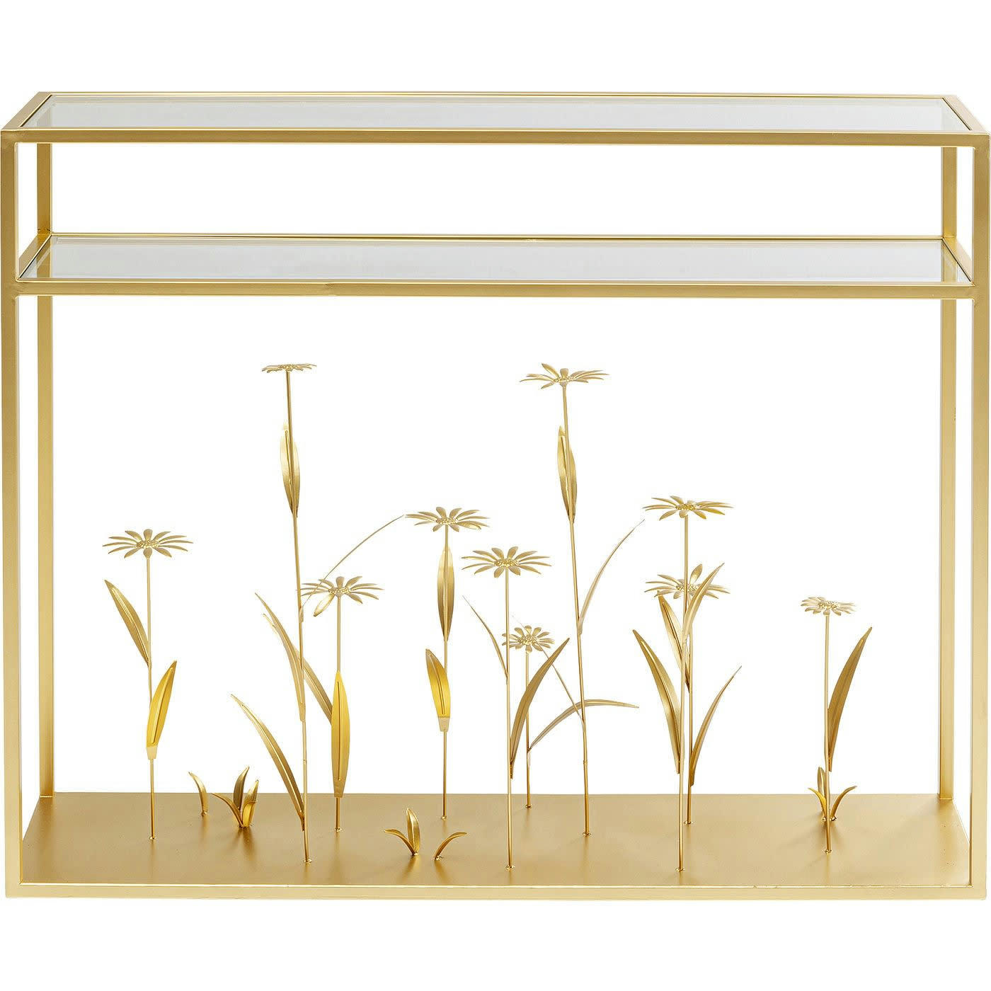 FLOWER MEADOW - Console en verre et acier doré fleurs en relief