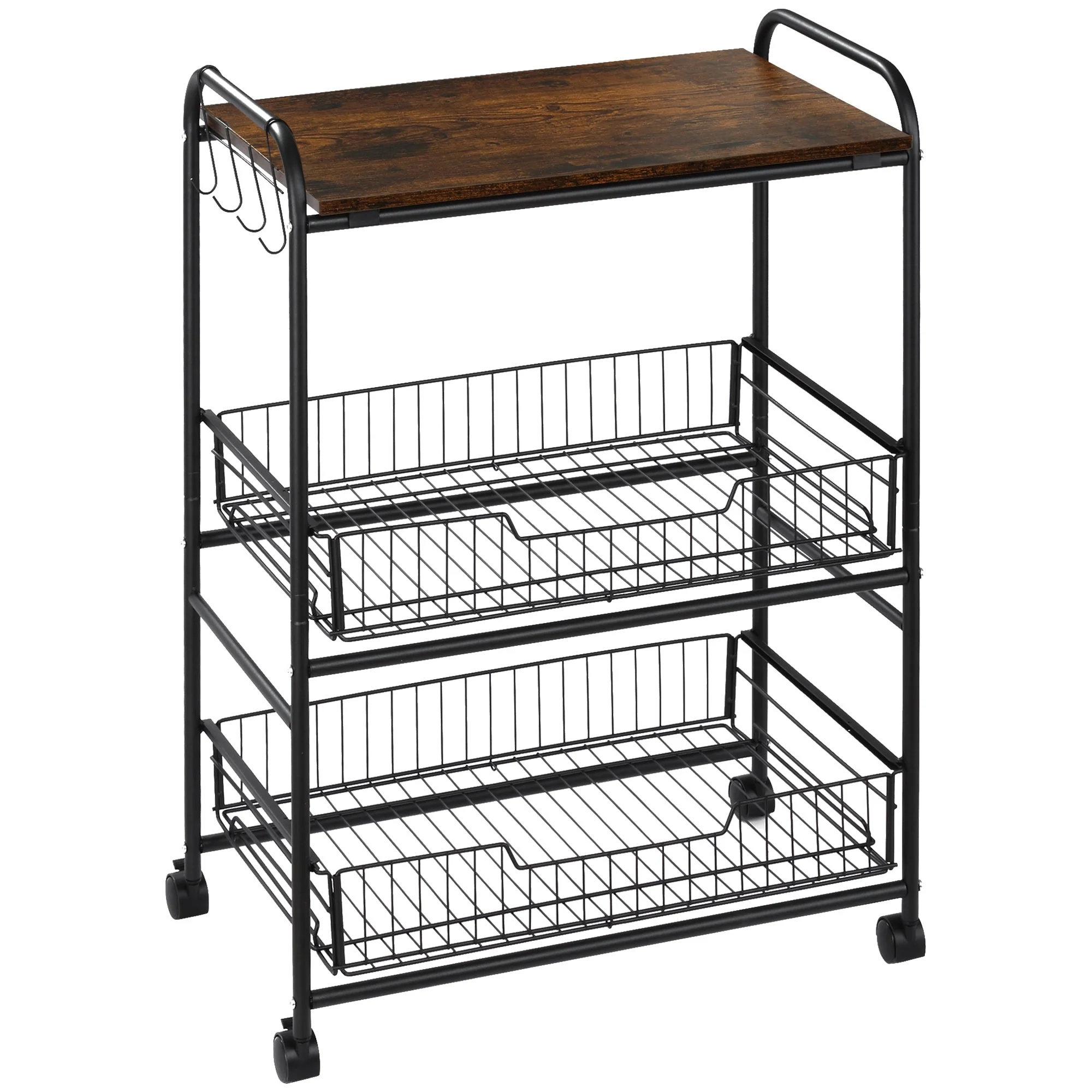 HOMCOM 24 3-Tier Rolling Kitchen Cart, Utility Storage Trolley with 2 Basket Drawers, Side Hooks for Dining Room