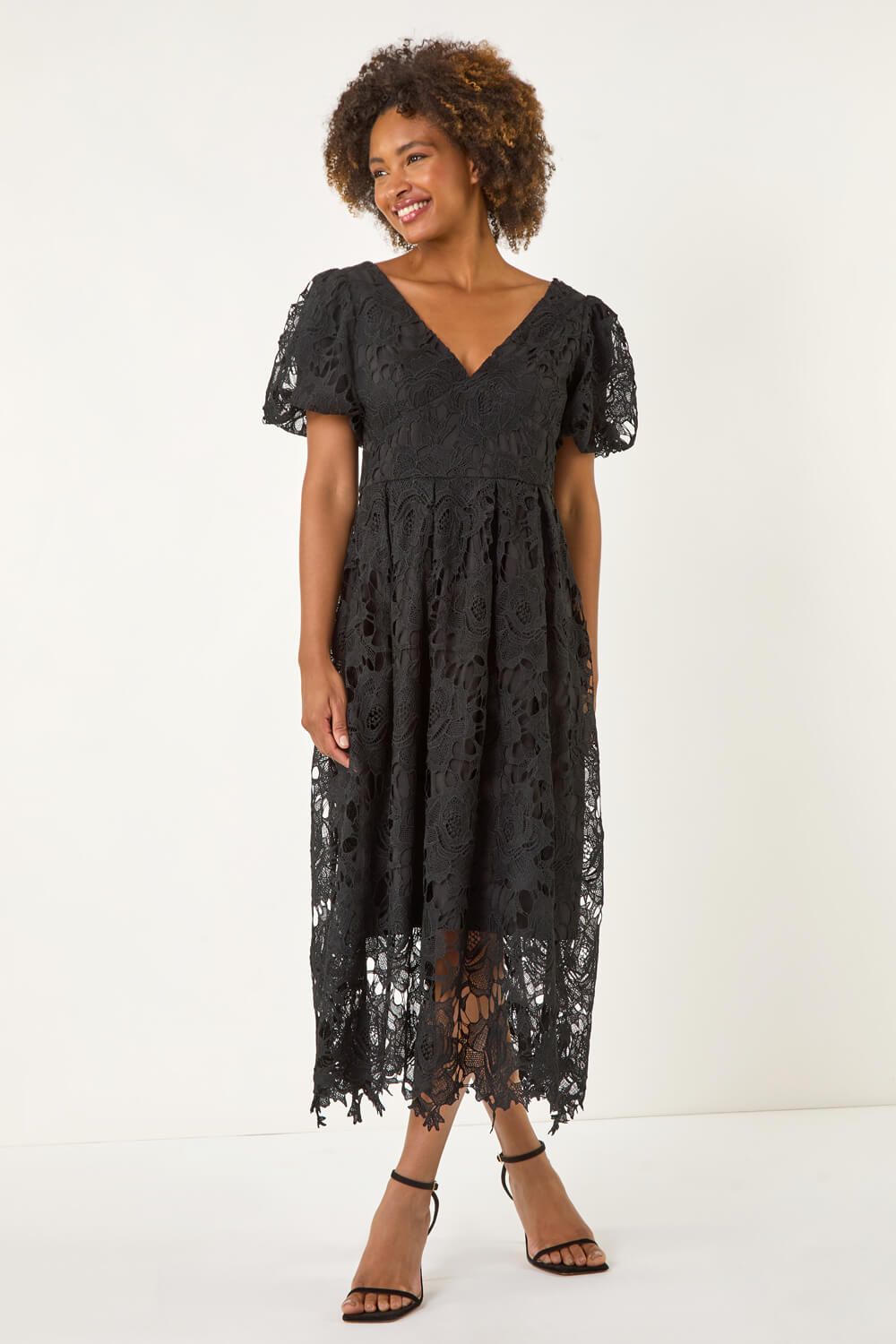 Roman Crochet Lace V-Neck Midi Dress