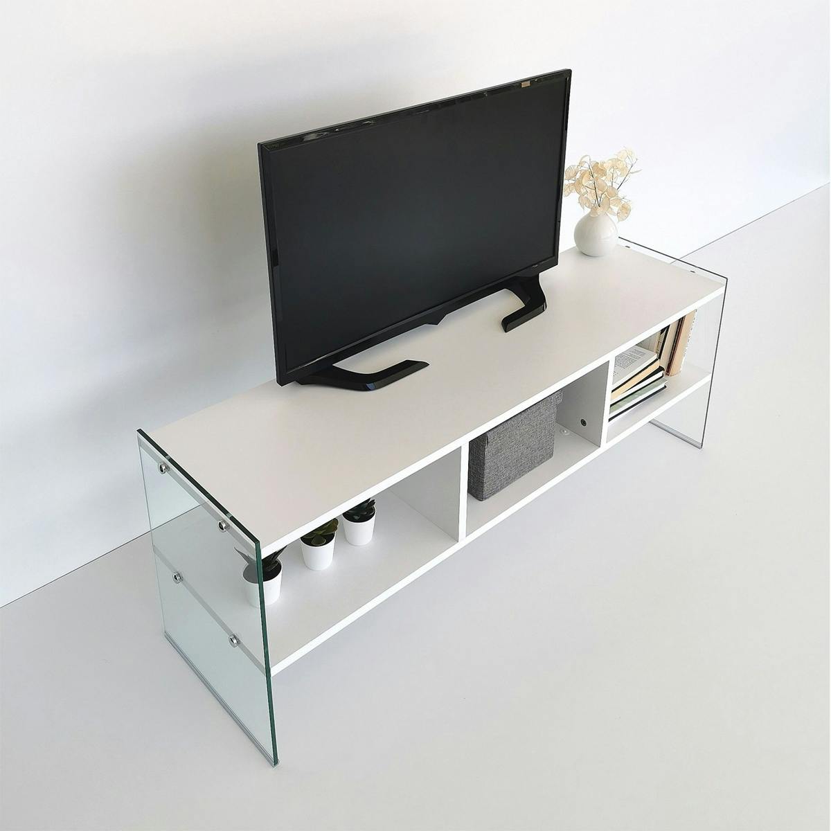 Meuble TV blanc design avec montants en verre SALTA
