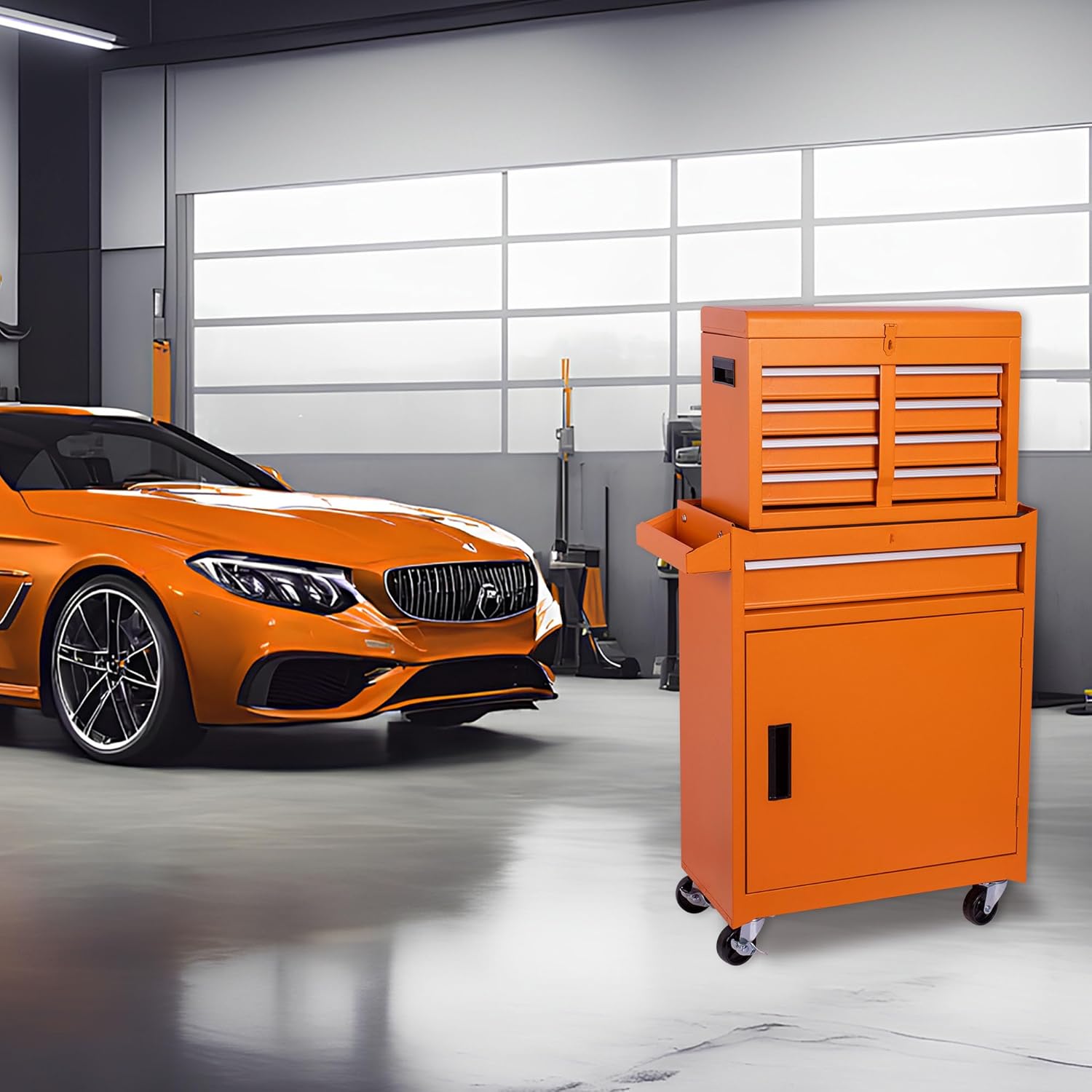 5 Drawers Tool Cart on Wheels with 1 Cabinet, Multifunctional Removable Rolling Tool Box Storage Set, Tool Trolley Organizer Tool Chest for Garage,Repair Shop,Warehouse,Workshop (Orange)