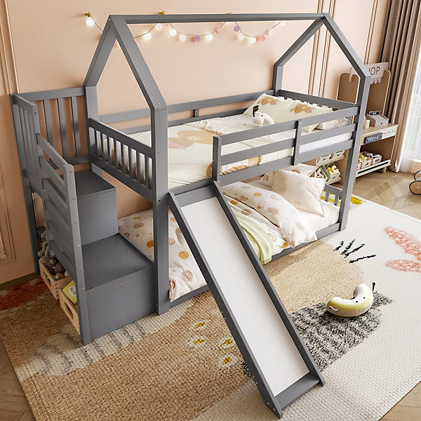 Lit superposé 90x200 cm avec escalier de rangement et toboggan, structure en pin et MDF, chambre enfant