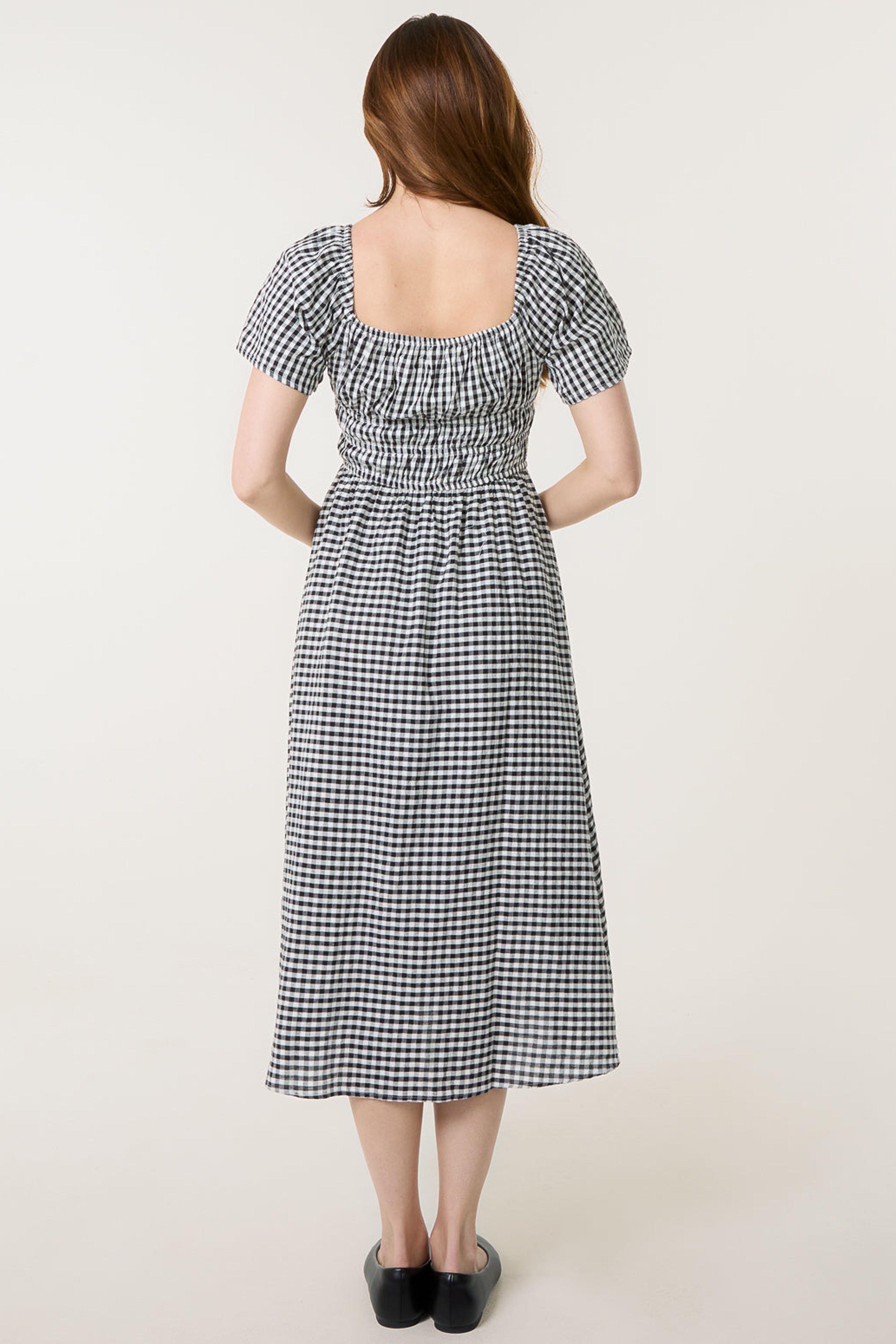 Blue Vanilla Shirred Gingham Midi Dress