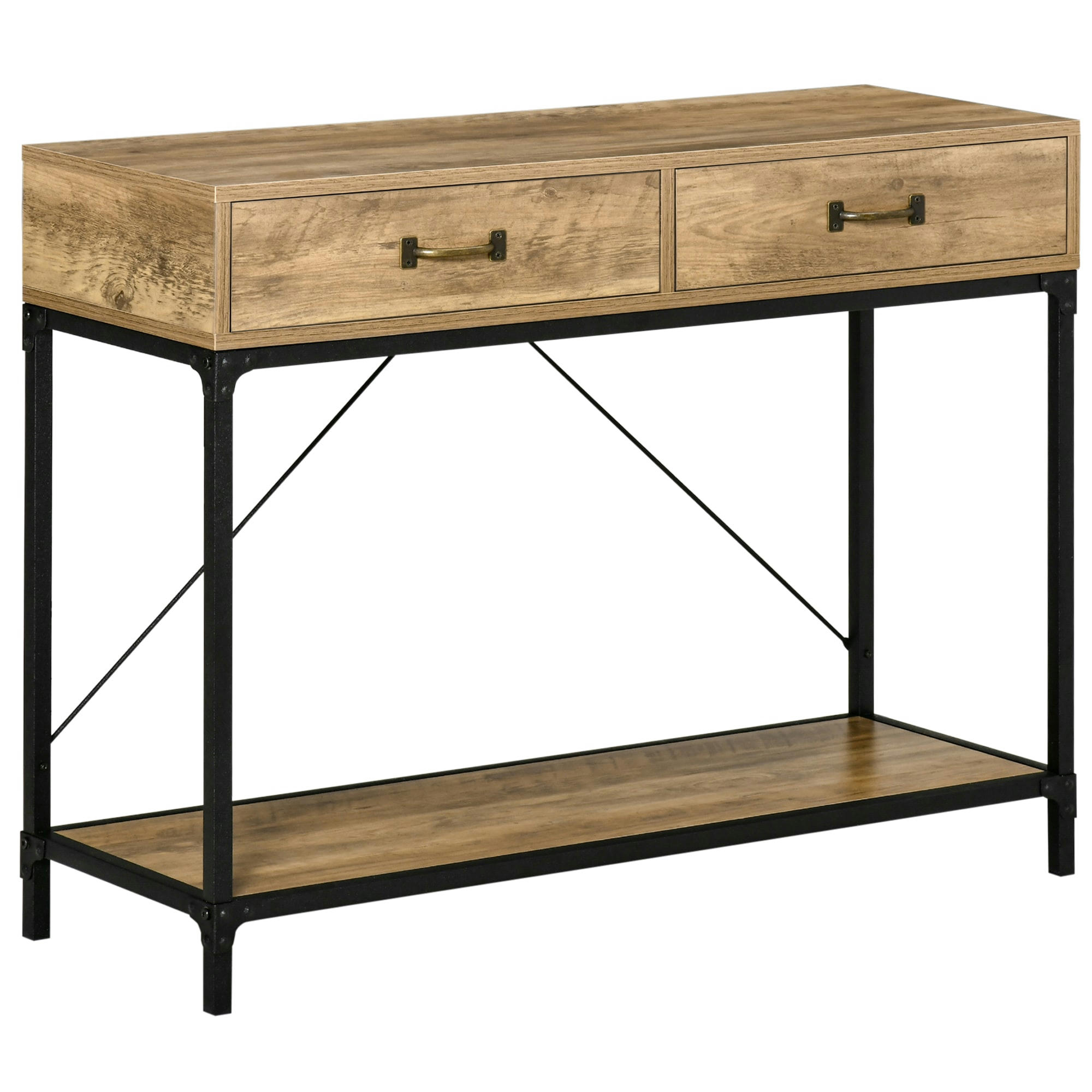 - Console style industriel 2 tiroirs étagère métal noir aspect bois