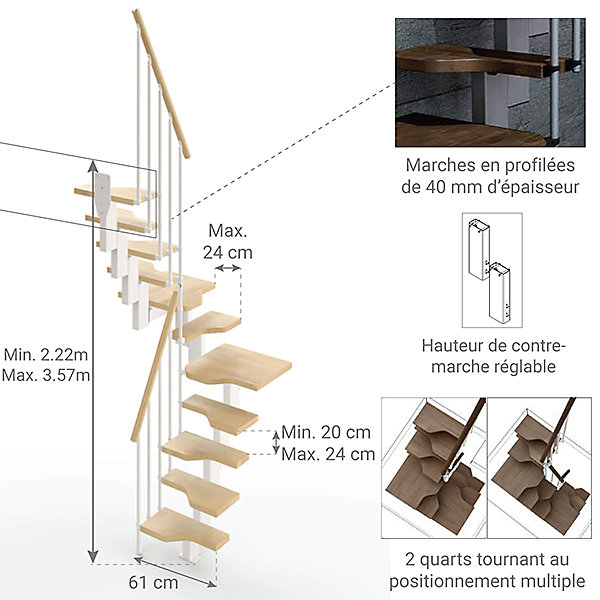 Escalier 2 quart tournant 13 marches - Hauteur à franchir de 2.81 à 3.33m - Largeur 61cm - Couleur naturel et blanc -