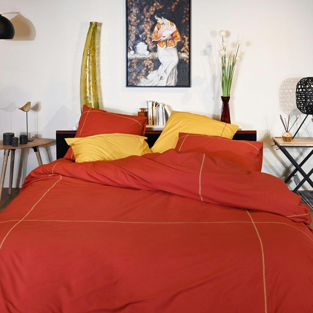 CHEVRON - Housse de couette brodée en percale Terracota 260x240 cm