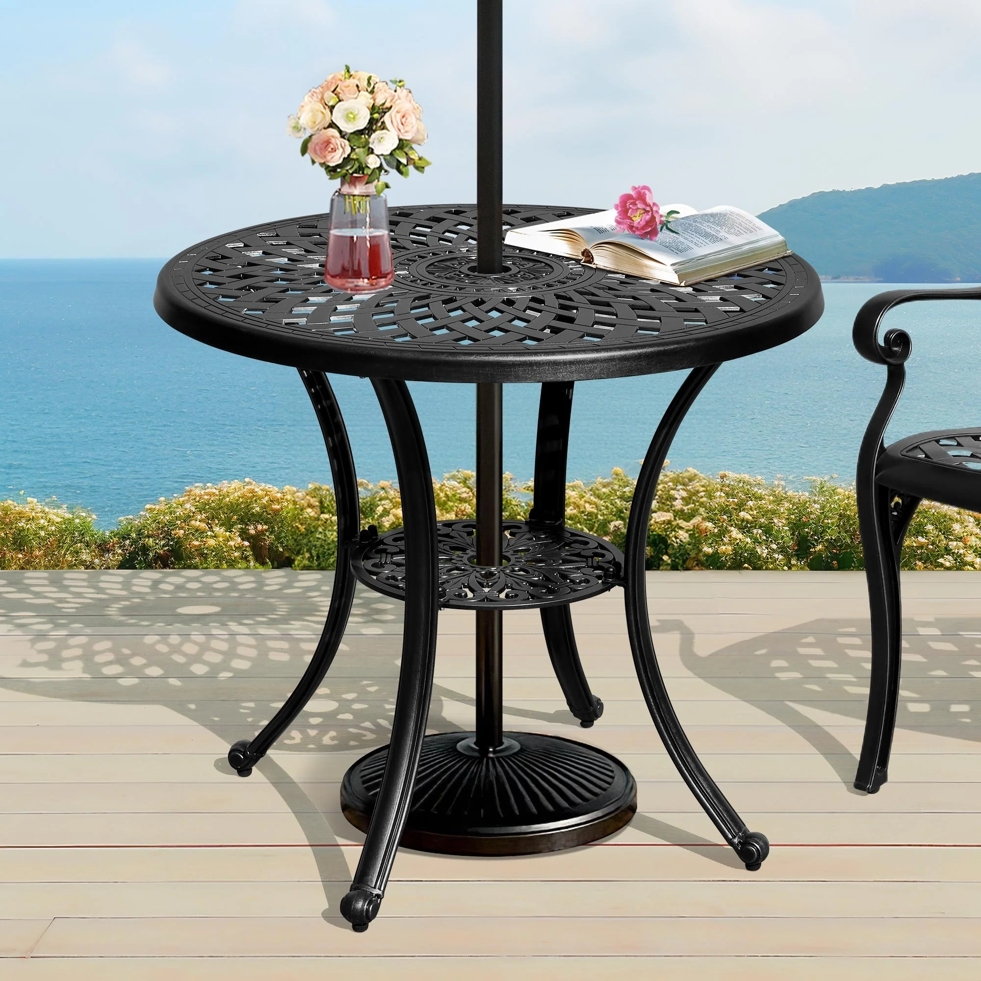 Moasis 30.7 Round Antique Cast Aluminum Outdoor Patio Dining Table with Umbrella Hole