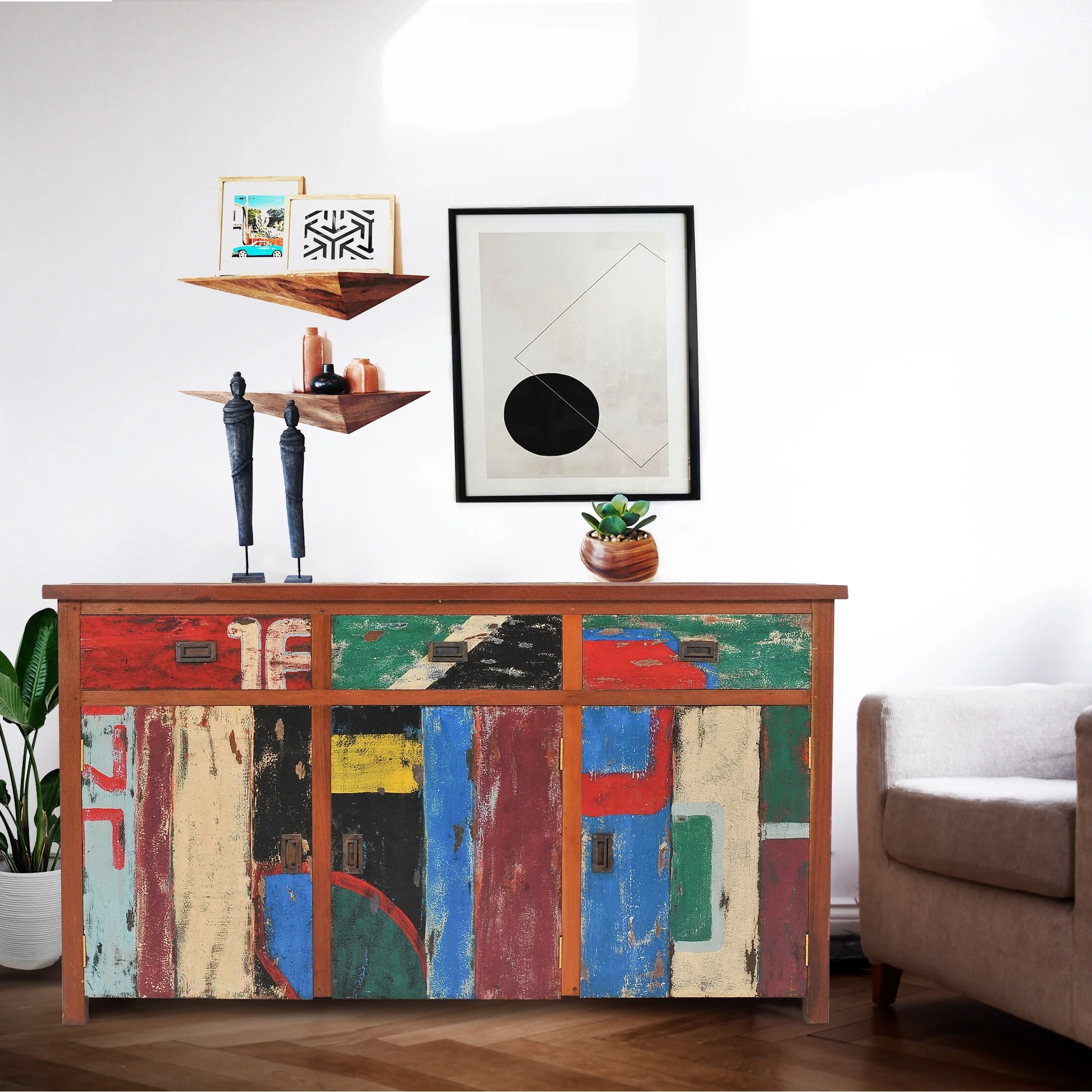 Chic Teak Buffet with 3 Doors and 3 Drawers Made from Recycled Teak Wood Boats