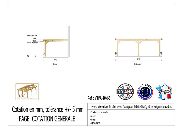 Carport adossé toit plat 450cmx600cm, bois DOUGLAS Français (Charpente en bois-auvent-abri voiture) 27 m². Garantie 10 ans