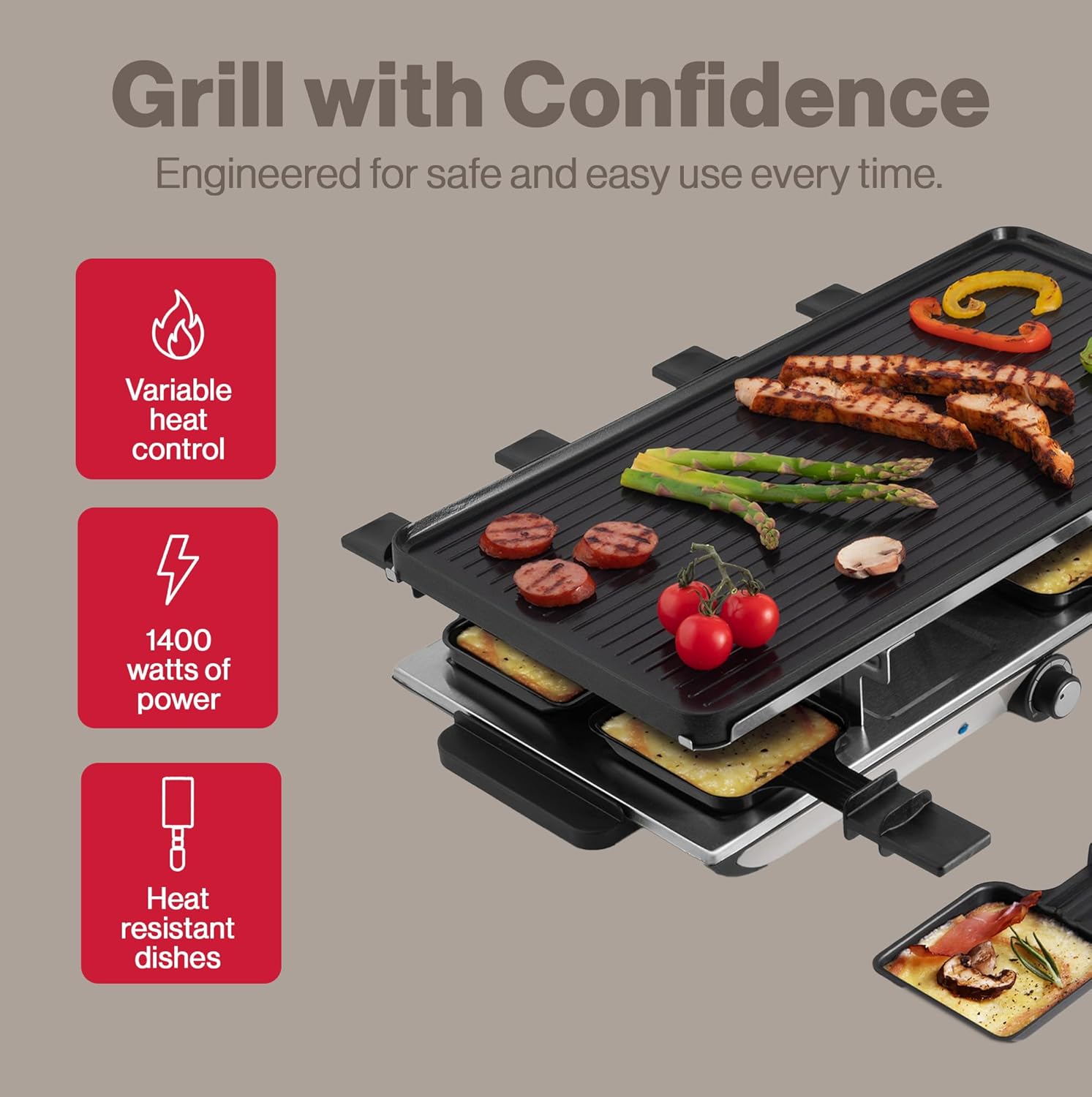 Swissmar Geneva Raclette Grill with Reversible Cast Aluminum Grill Top - Perfect for outdoor & Indoor Electric Raclette Grill & Griller - Barbeque Bonding - 8-Person