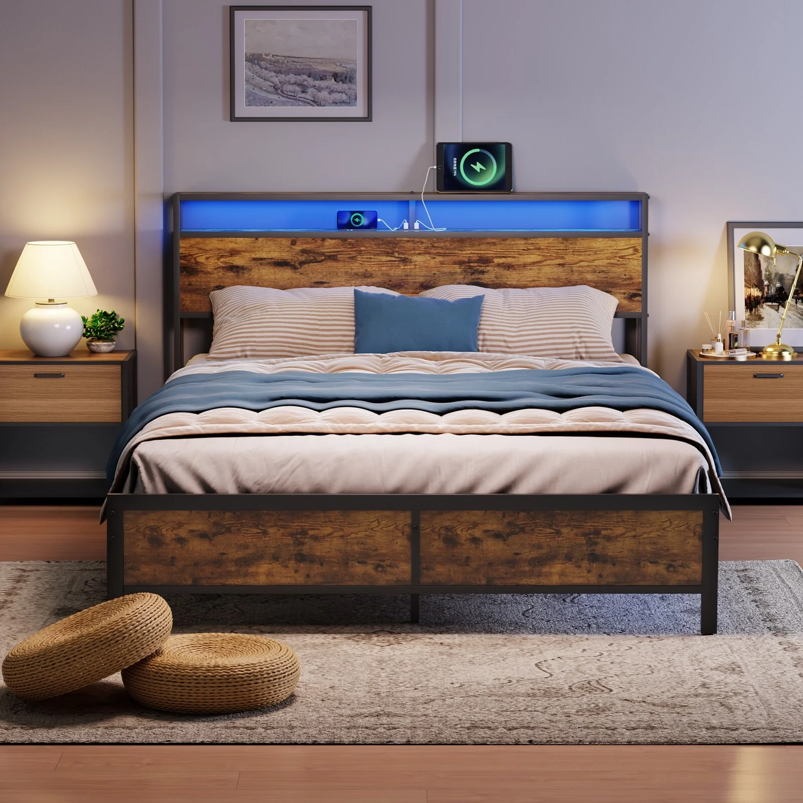Metal Industrial Bed Frame with LED Lights and USB Ports