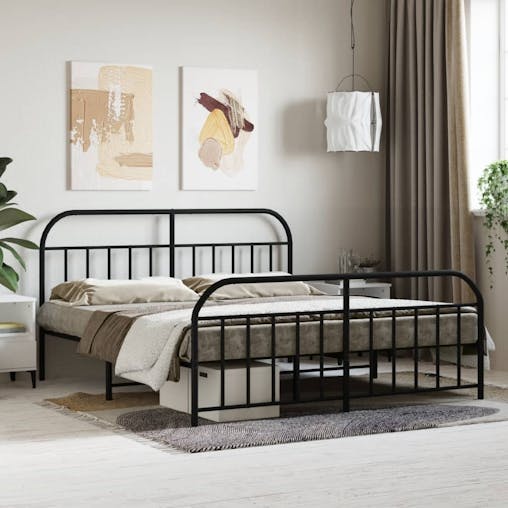 NNEVL Metal Bed Frame with Headboard and Footboard Black 183x203 cm King