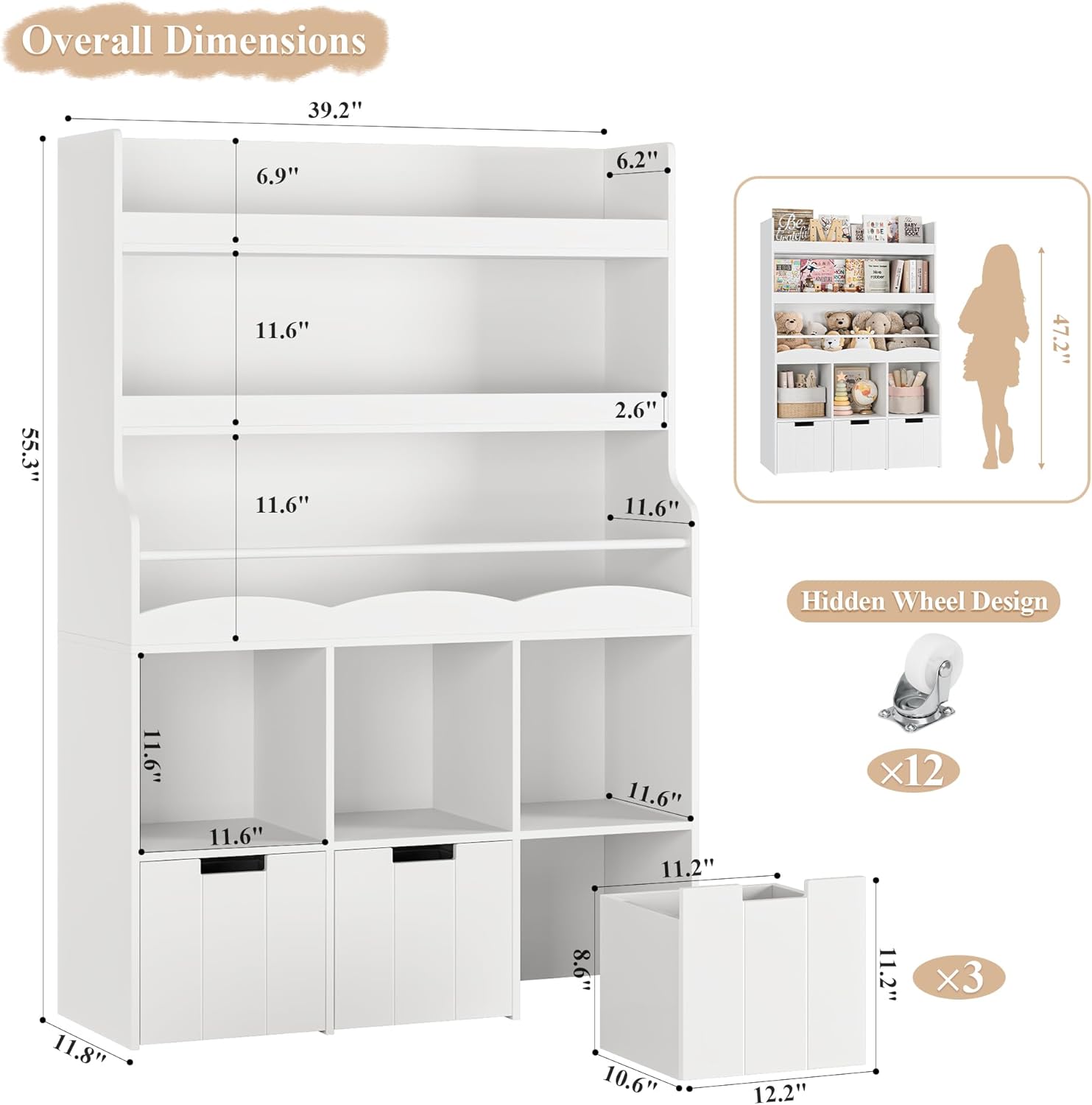 HITHOS 55.3 H Kids Bookshelf with Toy Storage Organizer, Tall Book Shelf with 3 Movable Toy Storage Bins, Large Kids Bookcase with Toy Chest, 39.2 W Modern Toy Box for Kid Room, Playroom, White
